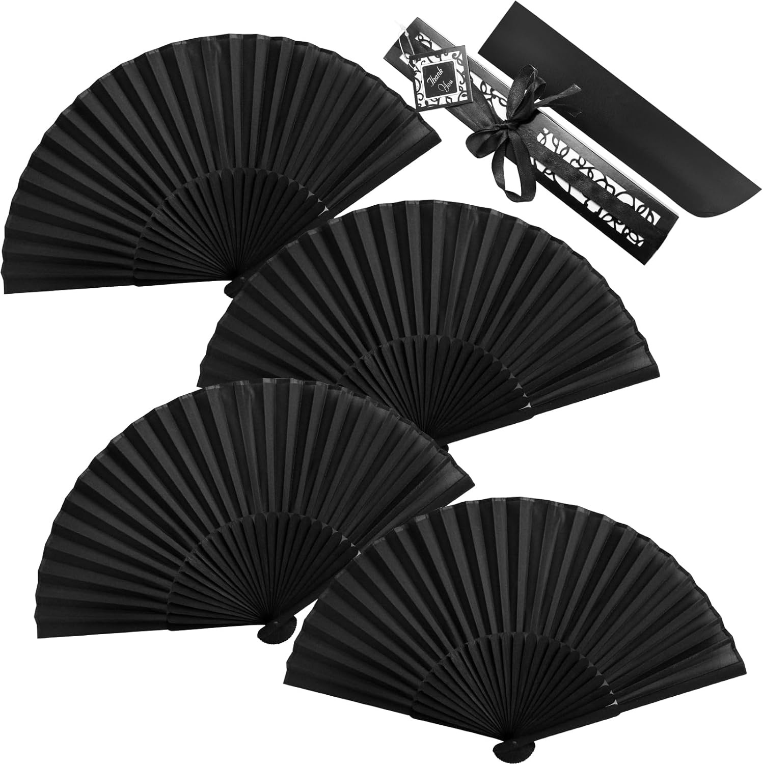 2 Pack Silk Folding Fans, Black Classic Handheld Fan 8.2In Small Hand Held Bamboo Fabric Chinese Vintage Hand Fans with Case for Dance, Performance, Wedding, Cosplay, Decorations, Party Favor, Gift