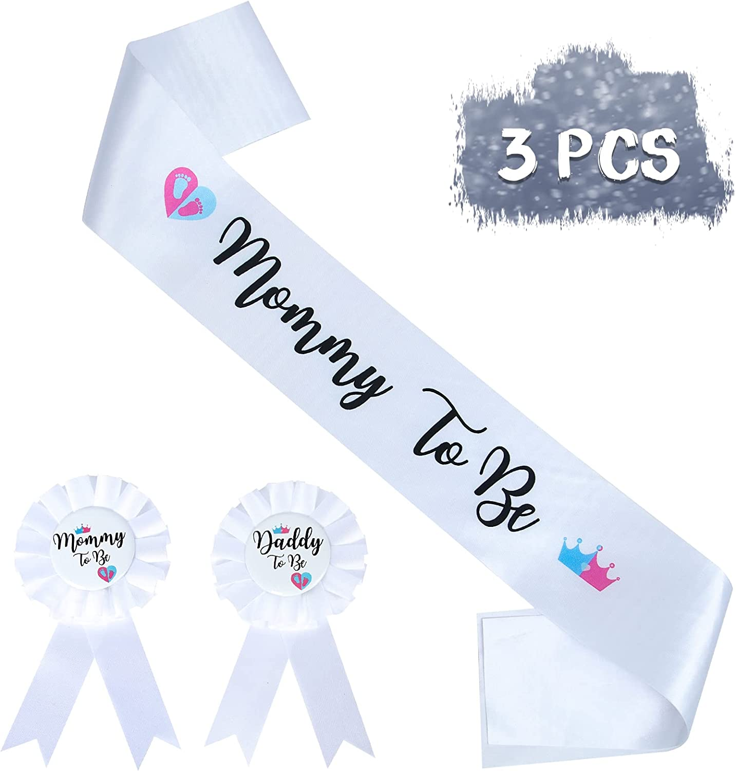 HAPPYLAND Gender Reveal Decorations Sash and Tinplate Badge Mommy to Be and Daddy to Be Baby Shower image number 1