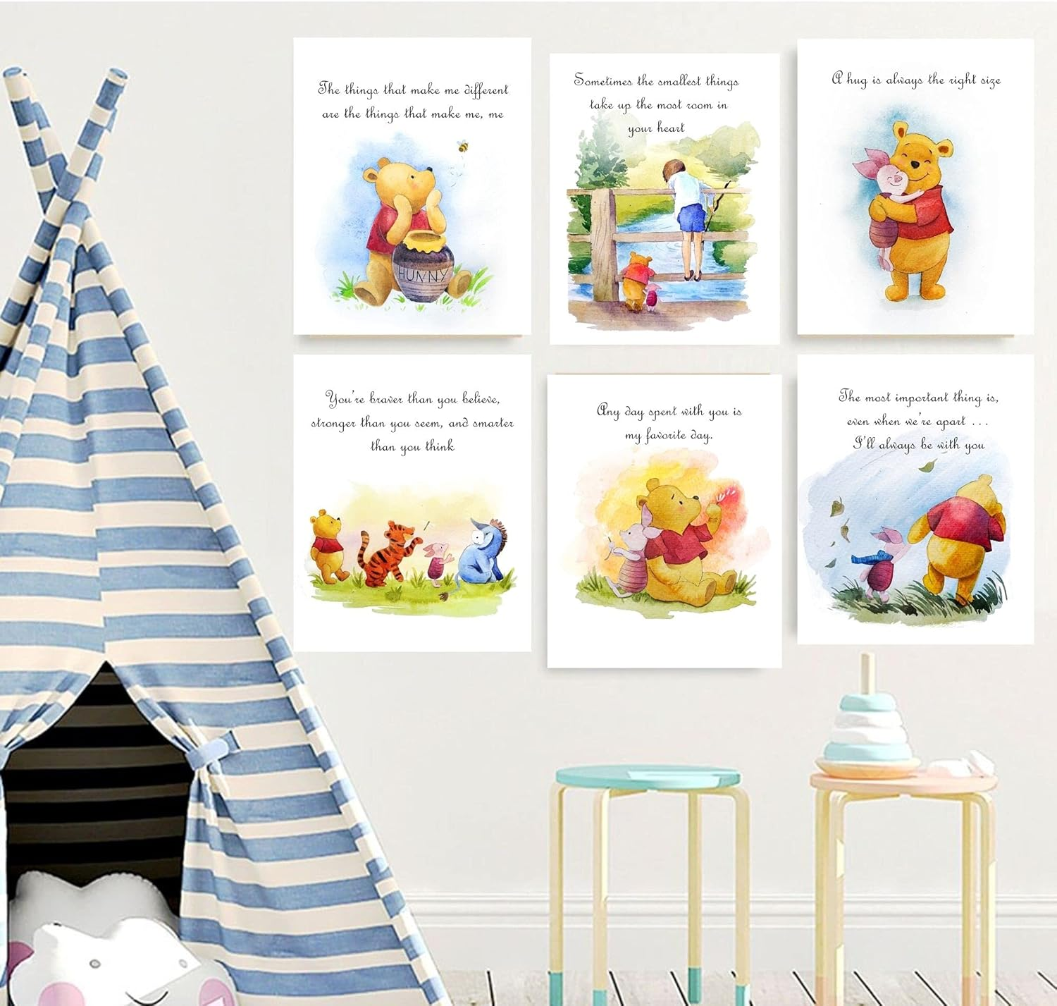 Tinymollo Winnie the Pooh Wall Decor &ndash; Unframed Set of 6 Prints, 8X10 Inch, Hand Painted Nursery Wall Decor for Boys and Girls, Kids, Baby&rsquo;S Nursery Decor Playroom Classic Pooh Bear Friends Piglet image number 1