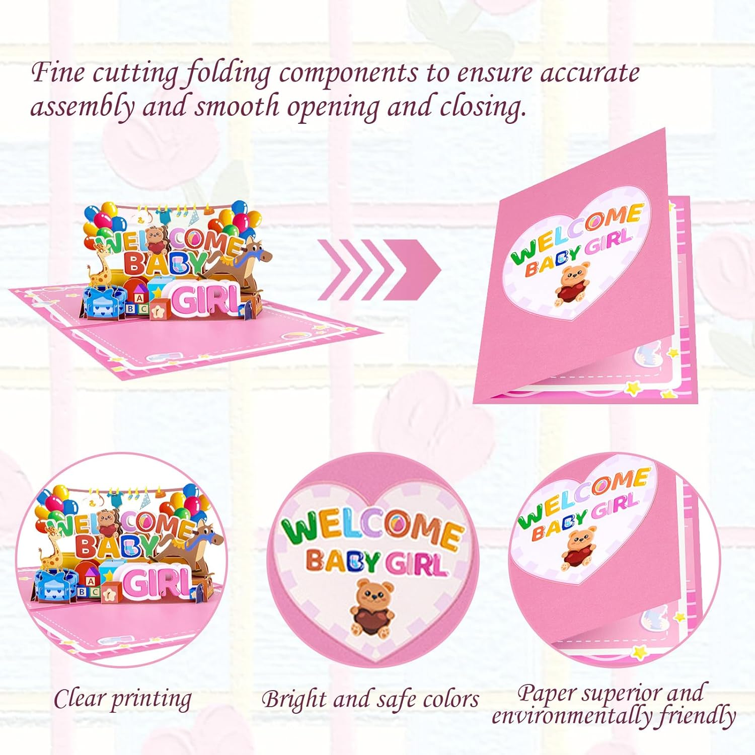 New Baby Girl Card - "Welcome Baby Girl" 3D Pop-Up Shower Card with Gifts & Animals, Pink Gender Reveal Greeting Card for Newborn - Includes Blessing Tag & Envelope (7.87"X5.91") - Baby Blue image number 7