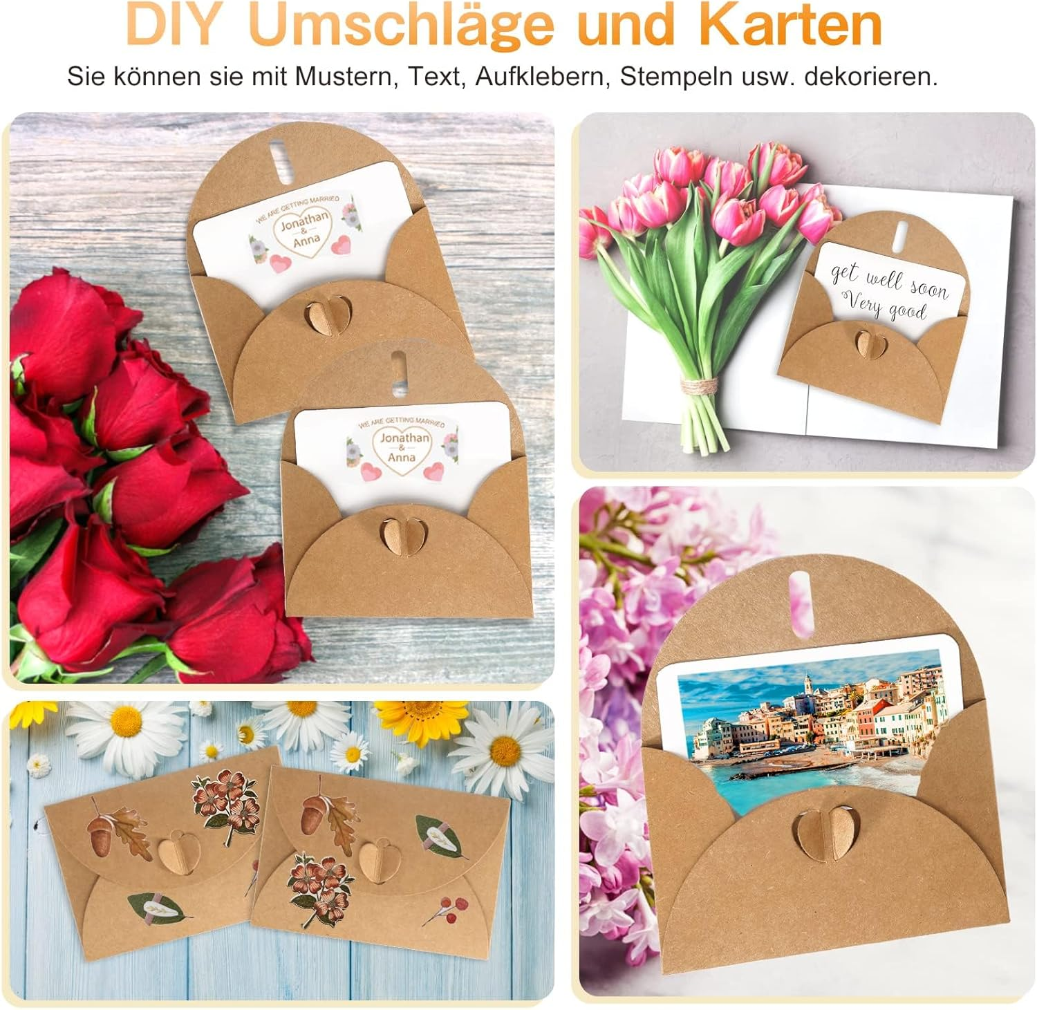 Kraft Paper Envelopes, Pack of 40 Mini Envelopes with 40 Cards Set, Small Envelopes, Mini Envelopes with Heart Closure for Money Gifts, Thank You Cards, Invitation image number 2