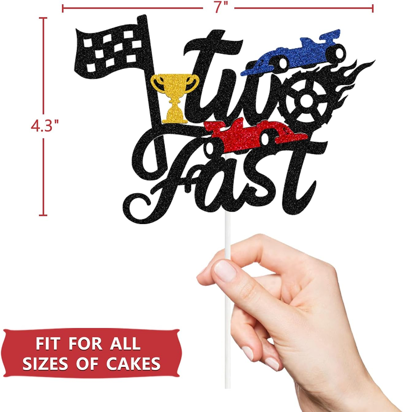 Two Fast Cake Topper, Race Car Birthday Supplies 2Nd Birthday Cake Decoration Race Car Hot Wheel Chequered Flag Themed Party Supplies Decorations(Doubled-Sided), Black image number 3