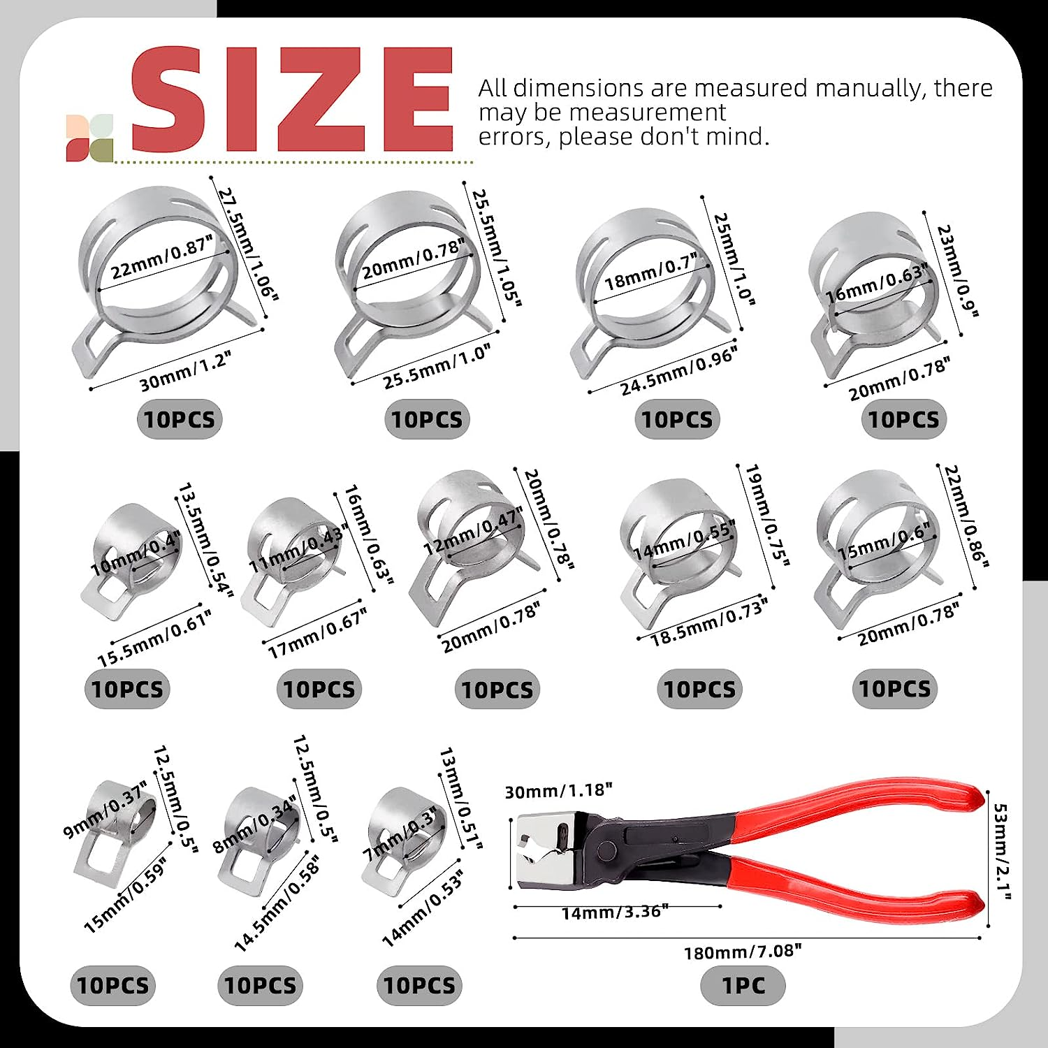 Hilitchi 121Pcs 12 Sizes Spring Band Hose Clamp Kit, 7MM-22MM Low Pressure Air Clip Clamp with Hose Clip Pliers, Fuel Line Hose Clips Silicone Vacuum Hose Clamp Fastener - B Kit image number 5