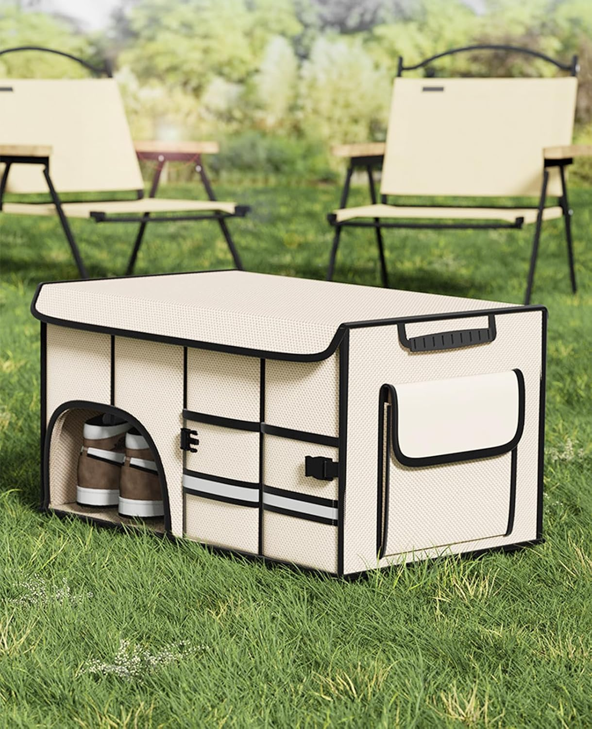 72L Car Trunk Organizer, Collapsible Car Storage Container with Lid, Multi Compartments Car Storage Organizer with Reflective Strip for SUV, Truck, Sedan (Beige) image number 3