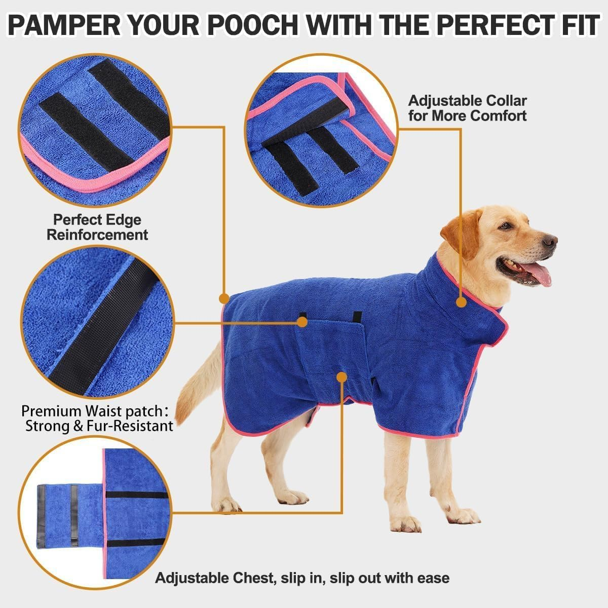 Dark Blue Dog Bathrobe, Quick Drying, Super Absorbent & Warm - Keeping Supplies for Dogs after Bath (Medium Size) image number 1