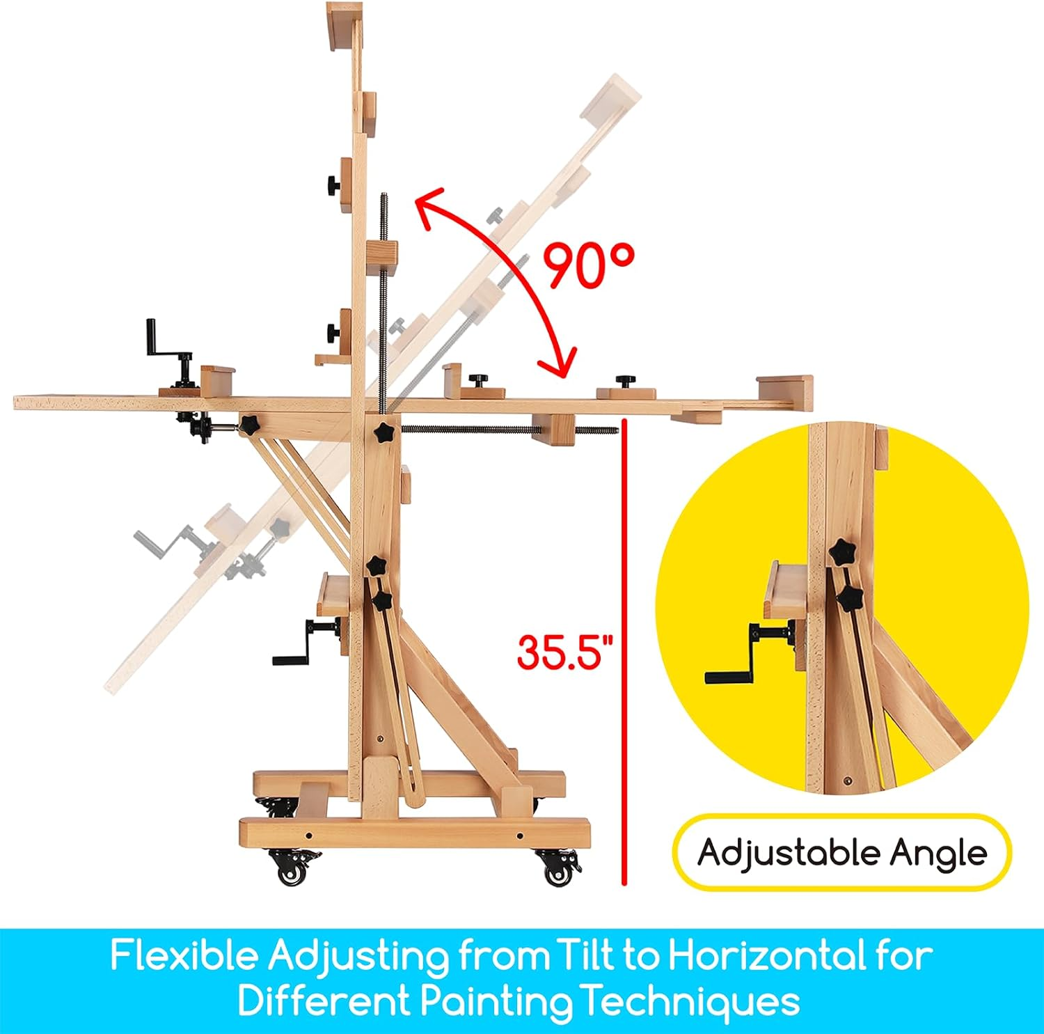 MEEDEN Deluxe Large Rocker Crank Studio Easel,Heavy Duty Artist Painting Easel,Solid Beech Wood with Adjustable Height,Movable and Tilting Flat H-Frame Easel,Holds Art Canvas up to 76.7" image number 1