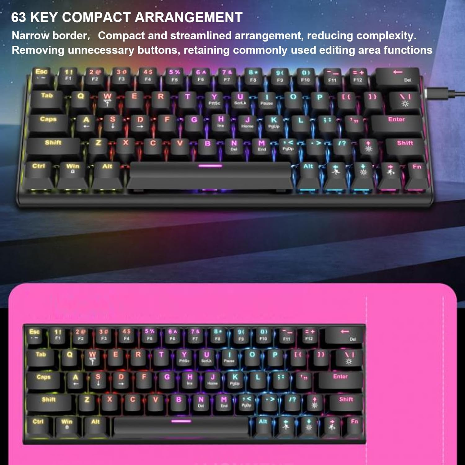 Portable Mechanical Gaming Keyboard, Ergonomic RGB Backlit Compact 63 Keys Keyboard, Blue Switch USB C Wired Computer Keyboard for PC Desktop Laptop image number 3