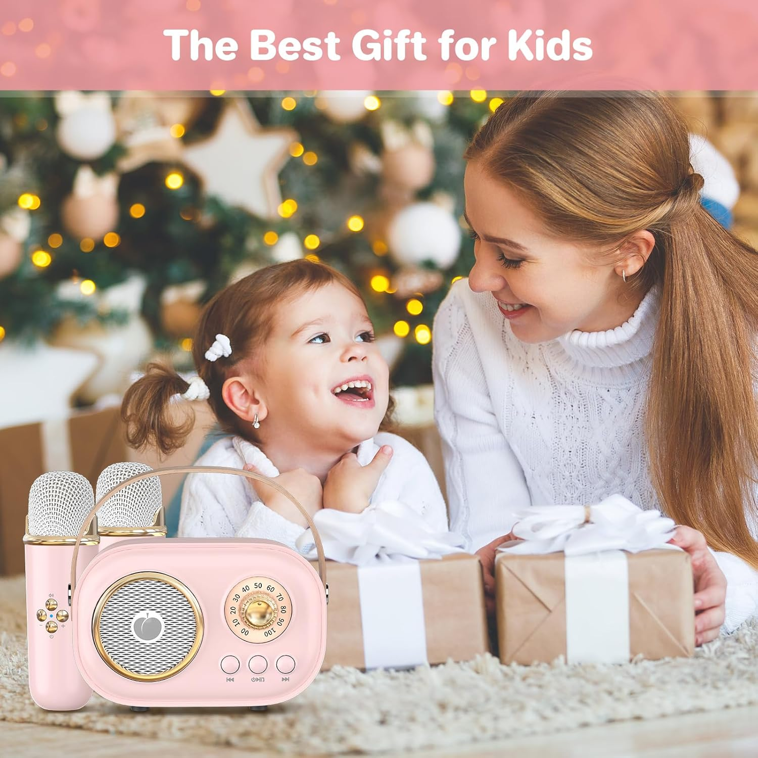 Mini Karaoke Machine for Kids Adults,Portable Bluetooth Speaker with 2 Wireless Microphones, Gifts Toys for Girls 3, 4, 5, 6, 7, 8+ Years Old Toddler Teens Birthday Family Home Party (Pink)