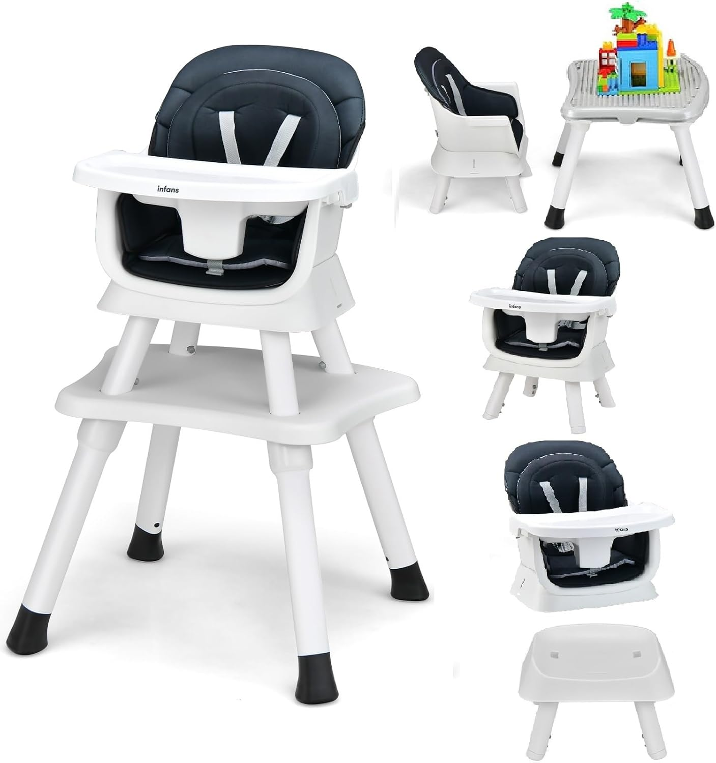 INFANS 8 in 1 Baby High Chair, Convertible Highchair for Babies and Toddlers, Infant Dining Booster Seat, Building Block Table, Kids Stool Table Chair Set with Removable Tray (Black)