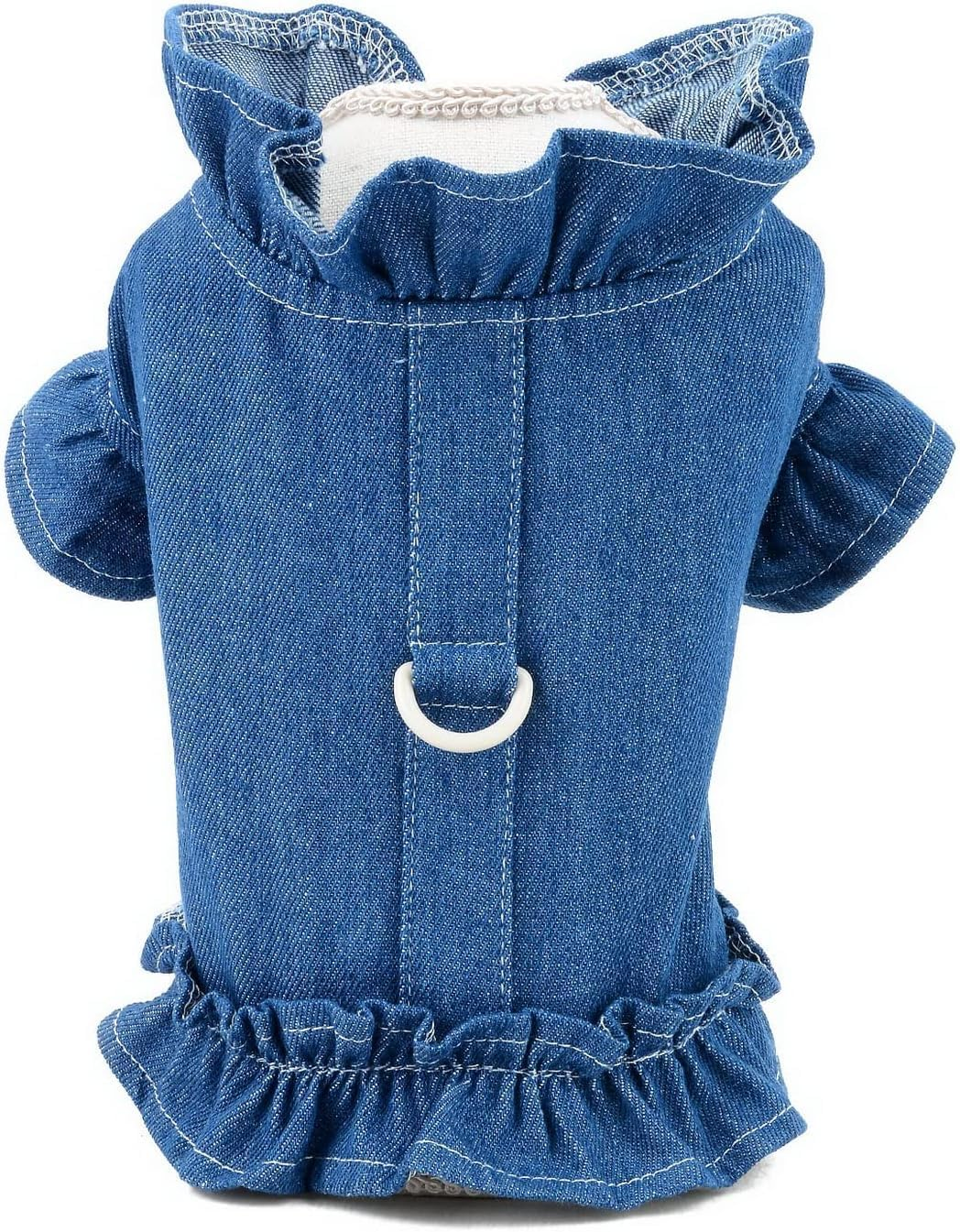 Pet Denim Harness Vest Shirt with D-Ring for Small Dogs Cats Soft Comfort Ruffles Jean Jacket for Outdoor Walking (Dark Blue, L)