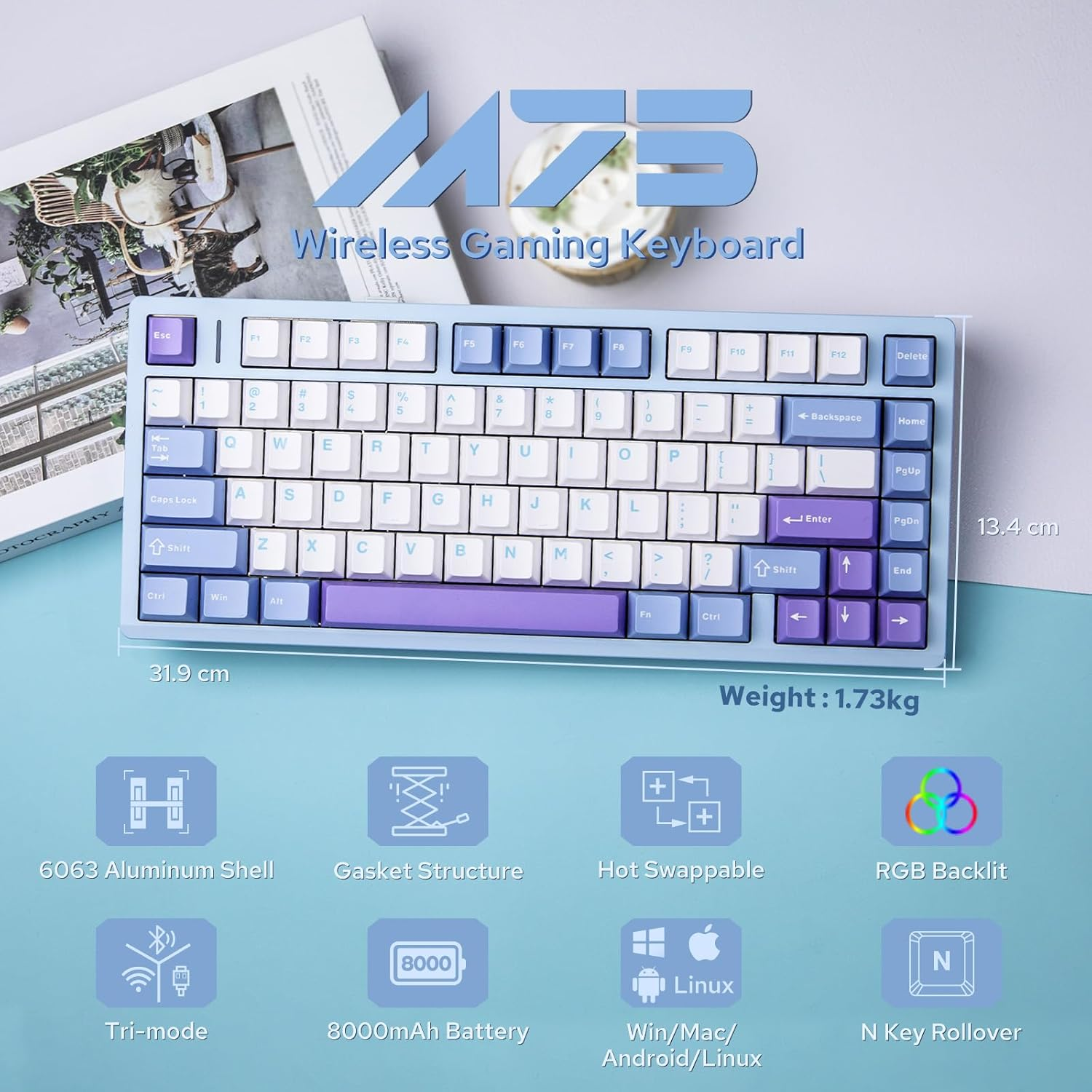 EPOMAKER Aula M75 Wireless Gaming Keyboard with 8000Mah Battery, 75% CNC Aluminum Mechanical Keyboard, Hot Swappable Creamy Keyboard, RGB Backlight, NKRO for Games/Office (Blue&White&Purple) image number 3
