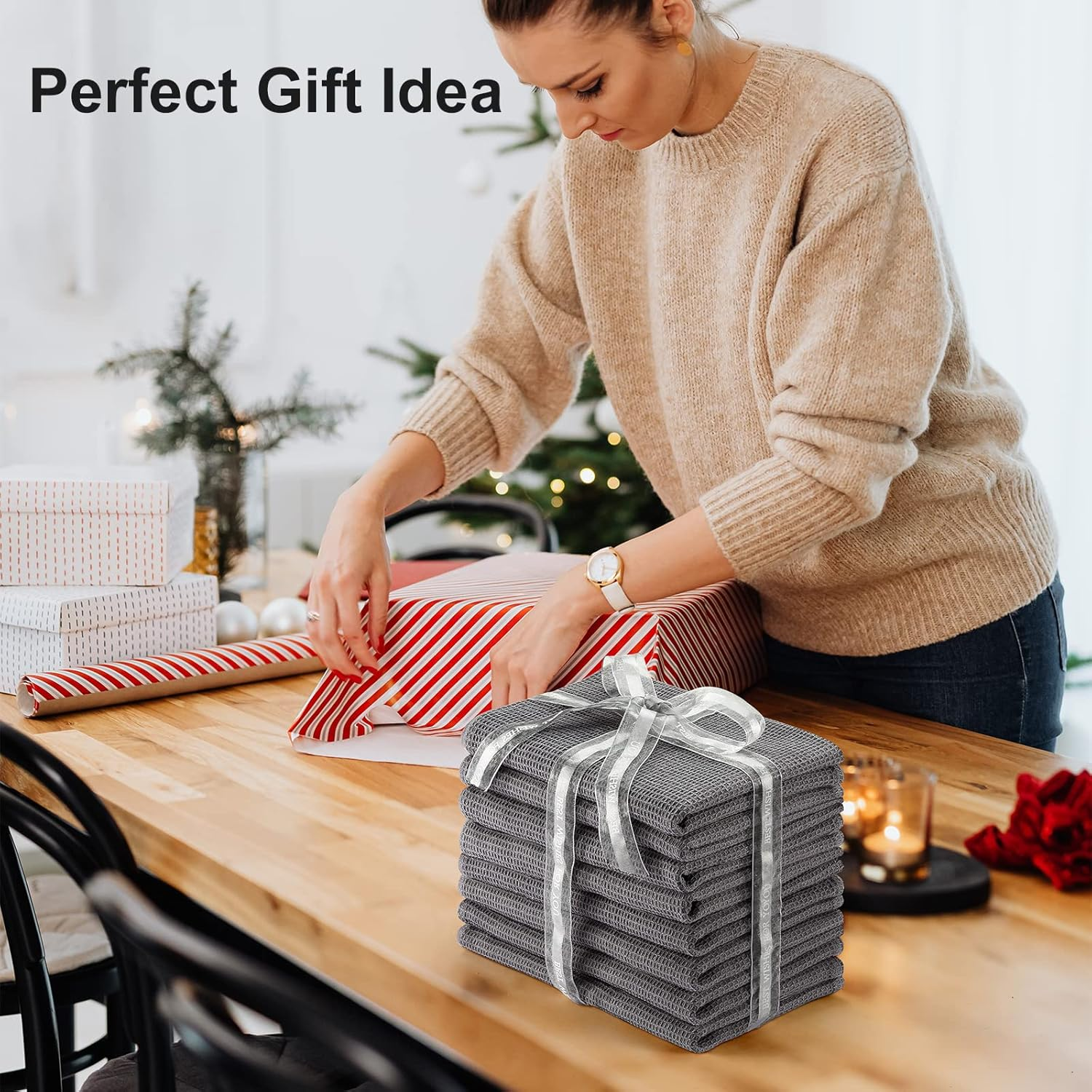 PY HOME & SPORTS 8 Pack Cotton Waffle Weave Kitchen Towels 17 X 25, Super Absorbent Kitchen Hand Dish Cloths for Drying and Cleaning (Dark Grey)