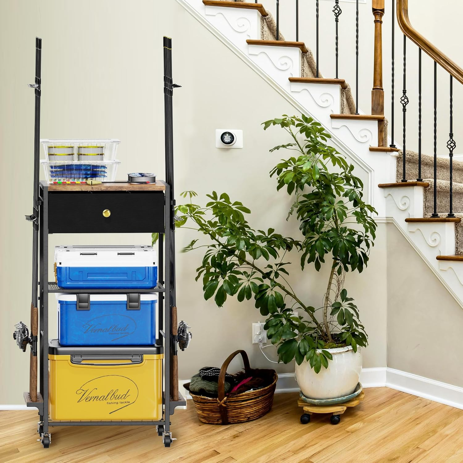 Fishing Rod Holders for Garage Holds up to 10 Rods, 360 Degree Rotating Fishing Pole Holder, Tackle Storage Cart Fishing Gear and Equipment Organizers, Fishing Gifts for Men Women (Black)