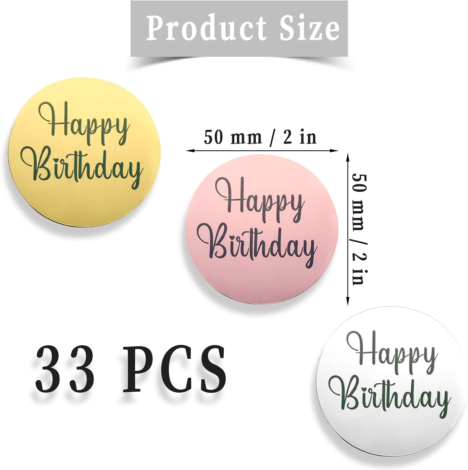 AIEX 33 Pieces Happy Birthday Decorations, Happy Birthday Topper Acrylic Mirror Decoration for Cupcakes Happy Birthday Topper Cake Birthday (Gold, Silver and Rose Gold, Round) image number 4