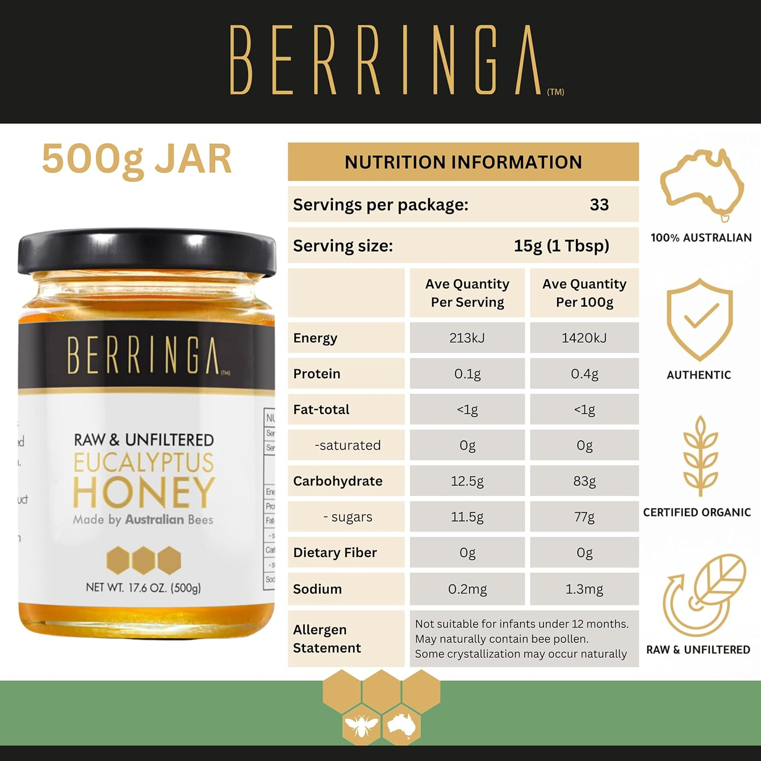 Berringa Certified ORGANIC Eucalyptus Honey 500G - Australian Raw Honey | Unfiltered | 100% Pure Genuine Locally Sourced | Cold Extracted | Non-Gmo Superfood | Gluten Free Food image number 2