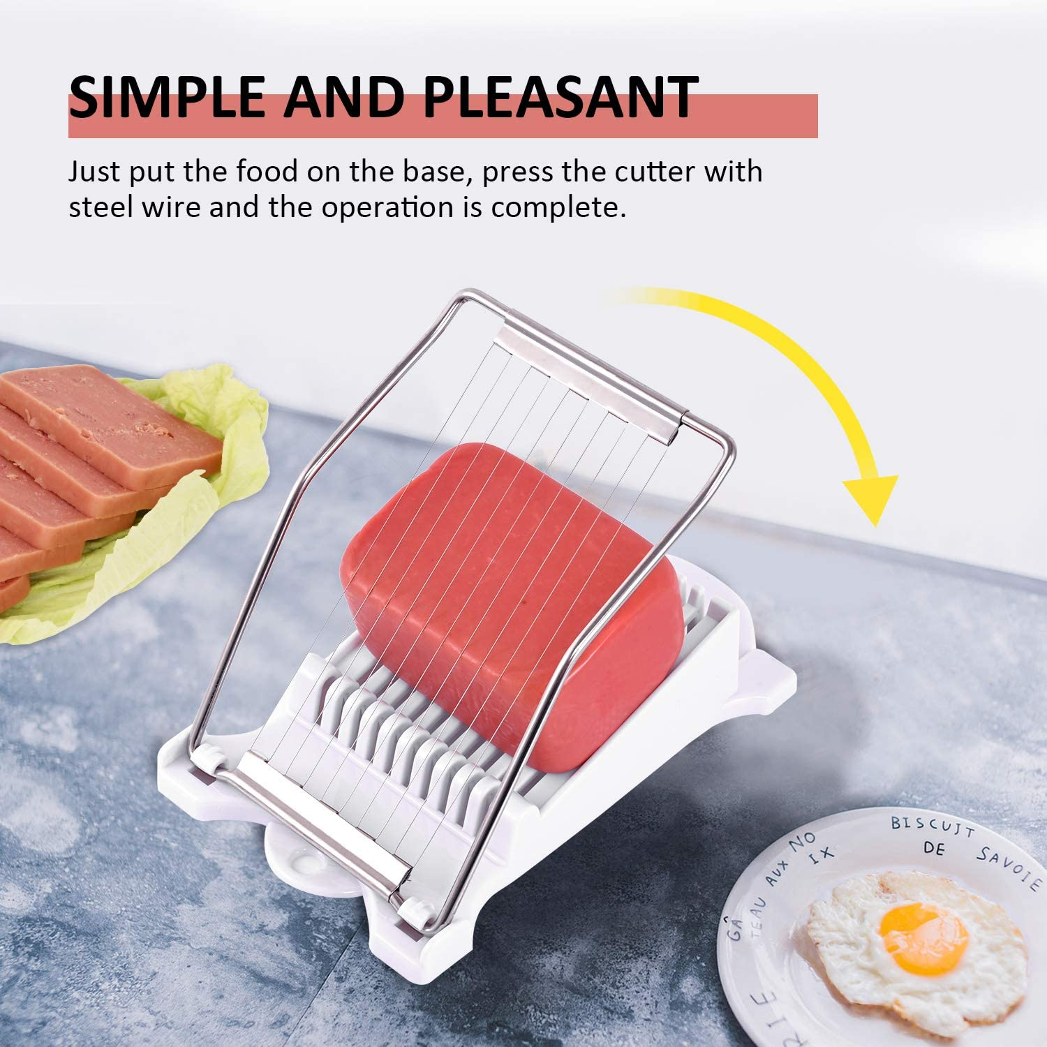 Slicer for Cutting Ham Luncheon Meat Boiled Eggs Bananas - Kitchen Tool for Salad or Dinner - Made by ABS and Stainless Steel Wire White -1 Pack image number 6