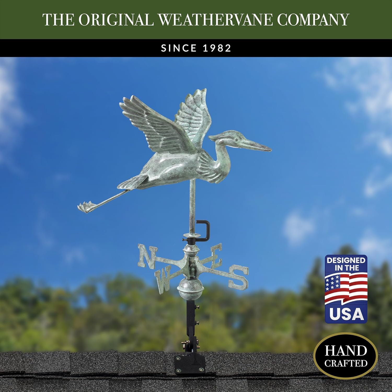Good Directions Blue Heron Cottage Weathervane, Includes Roof Mount, Blue Verde Copper, Patina image number 2