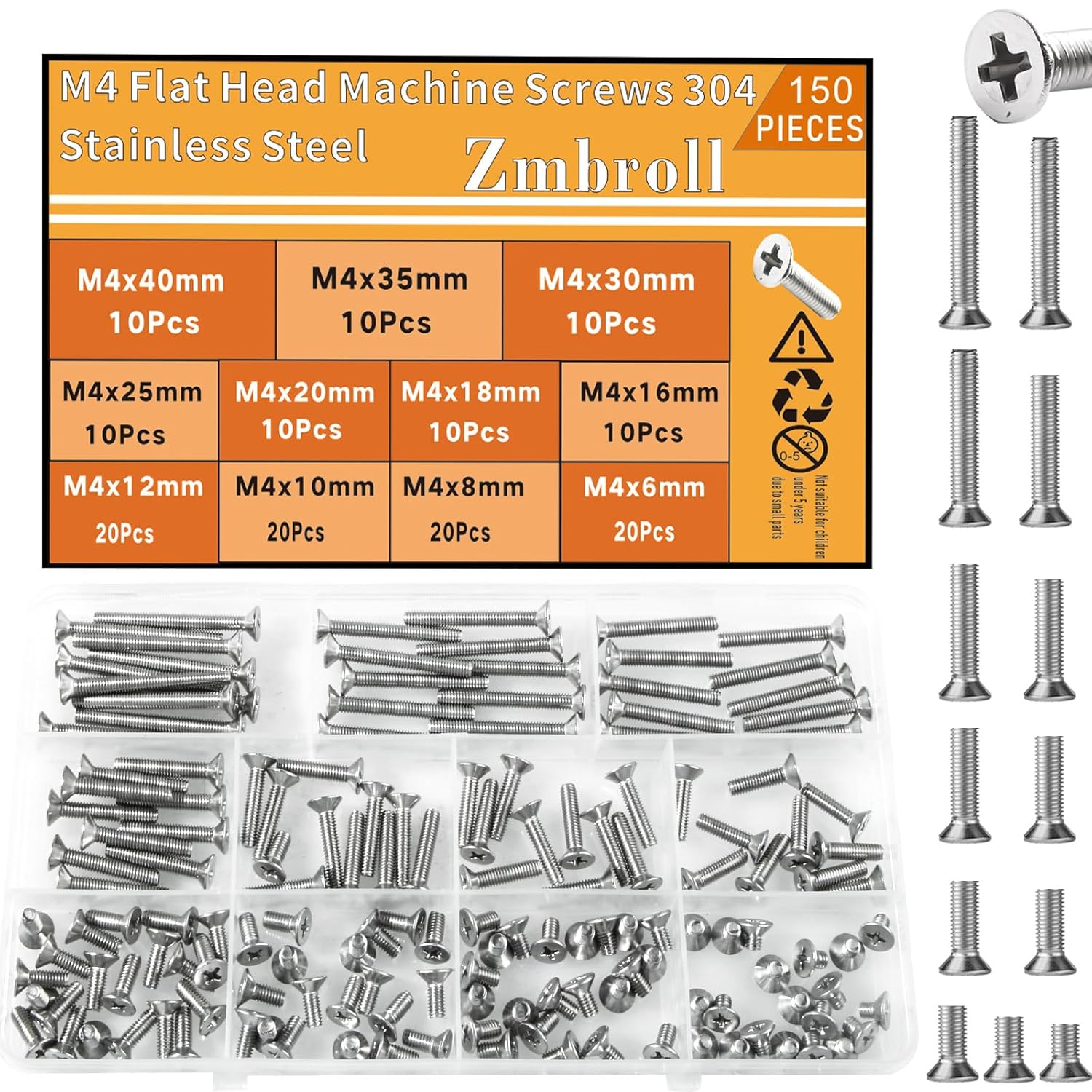 M4 Flat Head Machine Screws 150Pcs Metric Fastener 304 Stainless Steel Countersunk Cross Machine Screw Fasteners Bolts Assortment Kit M4 X 6/8/10/12/16/18/20/25/30/35/40Mm image number 2