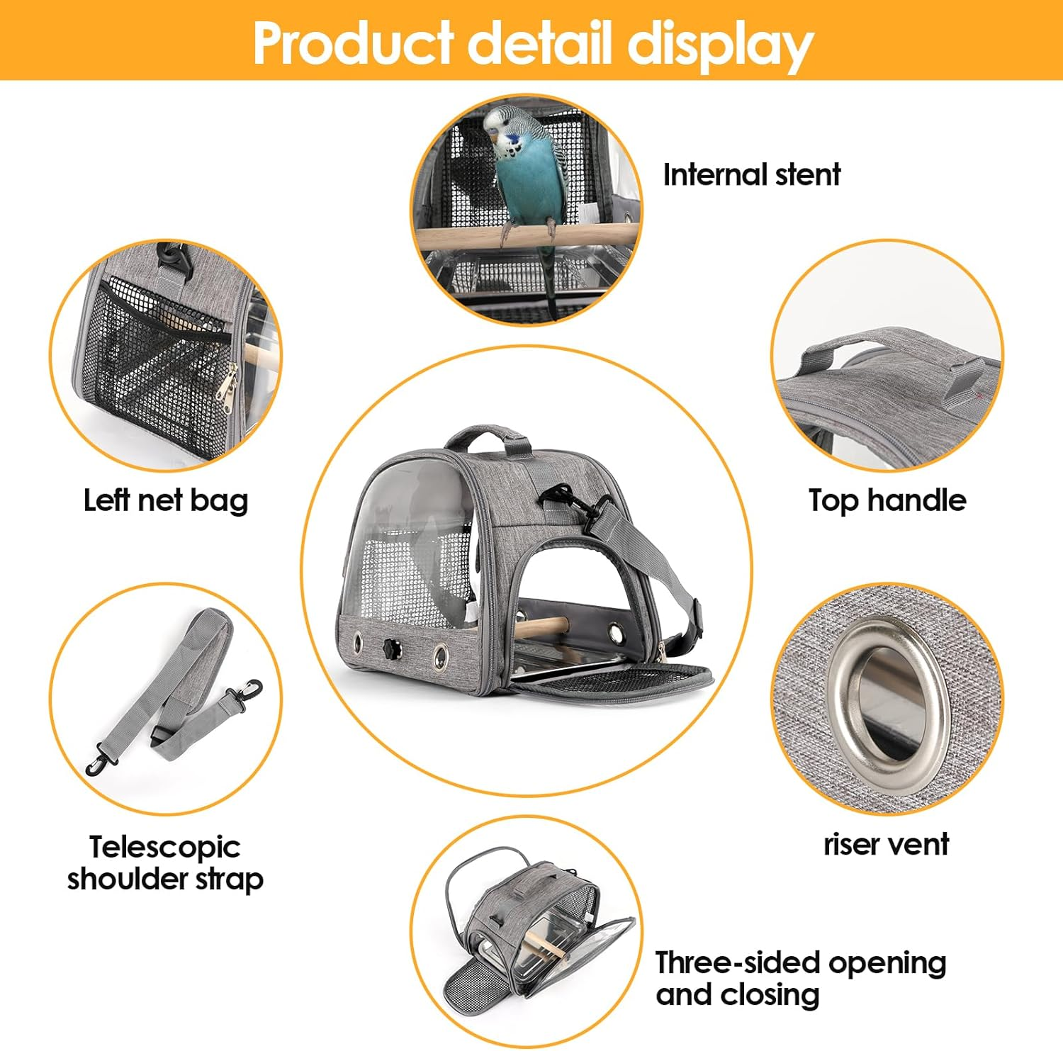 Bird Travel Carrier with Perch Parakeet Backpack Carriers with Stainless Steel Plate Portable Pet Carrier Bag for Bird Cage Accessories Transparent Travel Carrier Cage for Budgie Conure Cockatiel image number 6