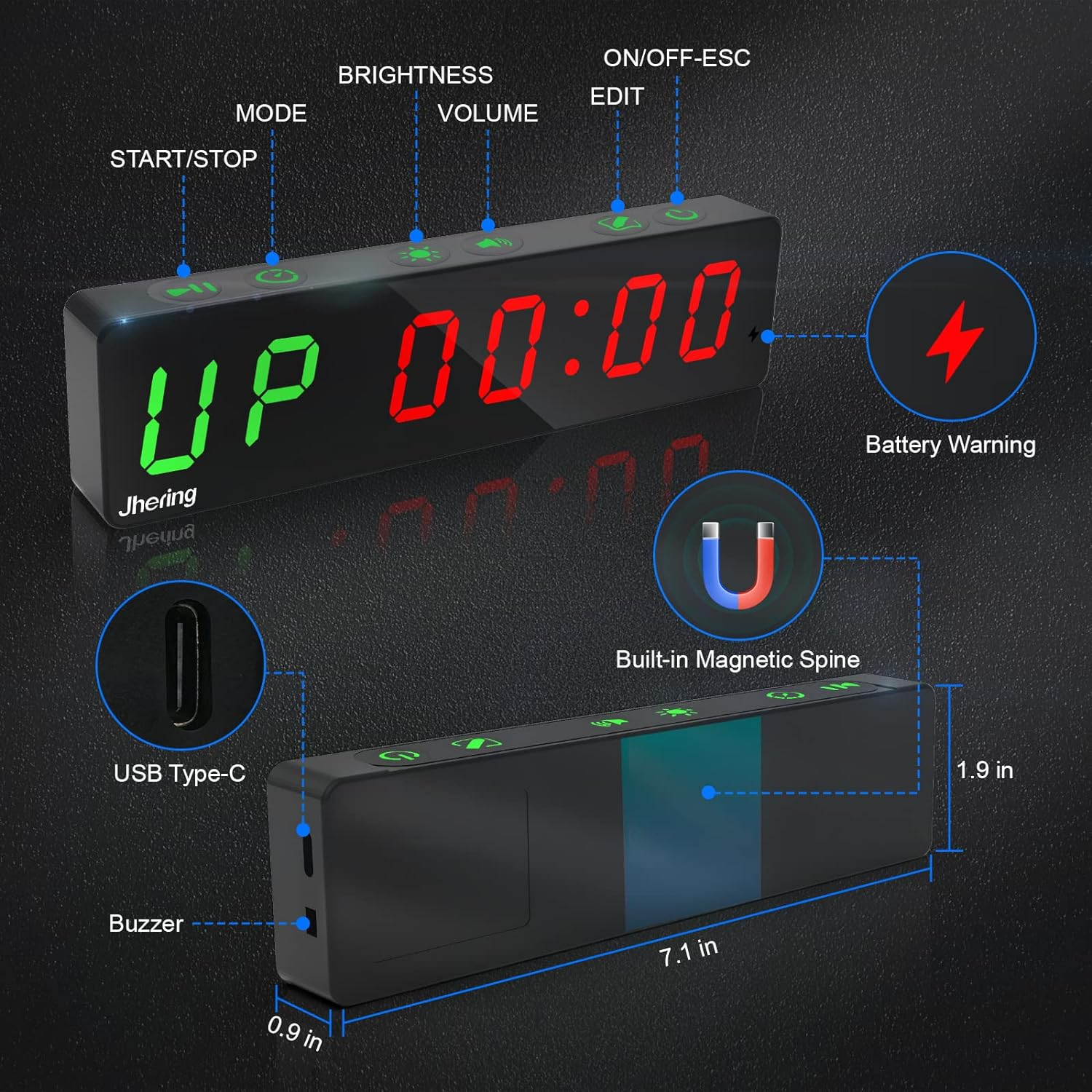 Gym Timer, Portable, Interval Timer with Rechargeable Battery and Built-In Magnet, LED Digital anti Vertigo Display, Upgraded Workout Clock for Home Gym Garage Fitness(1" Black 2) image number 3