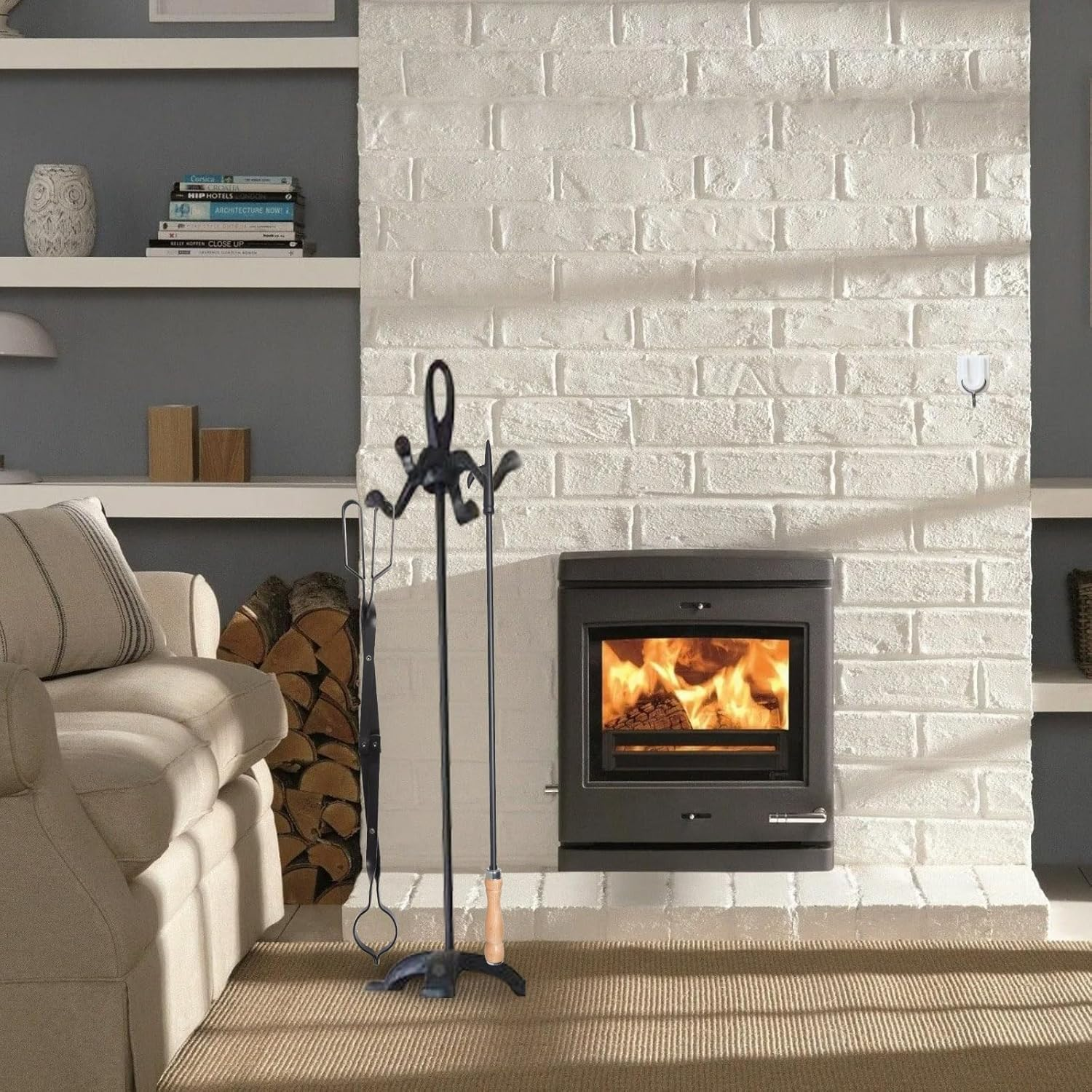 Heavy Duty 32&rdquo; Long Fireplace Fire Pit Campfire Poker Stick and 26&rdquo; Fireplace Tongs Tool Sets, Log Grabber, Rust Resistant Black Finish Camping Fireplace Tools for Indoor/Outdoor image number 2