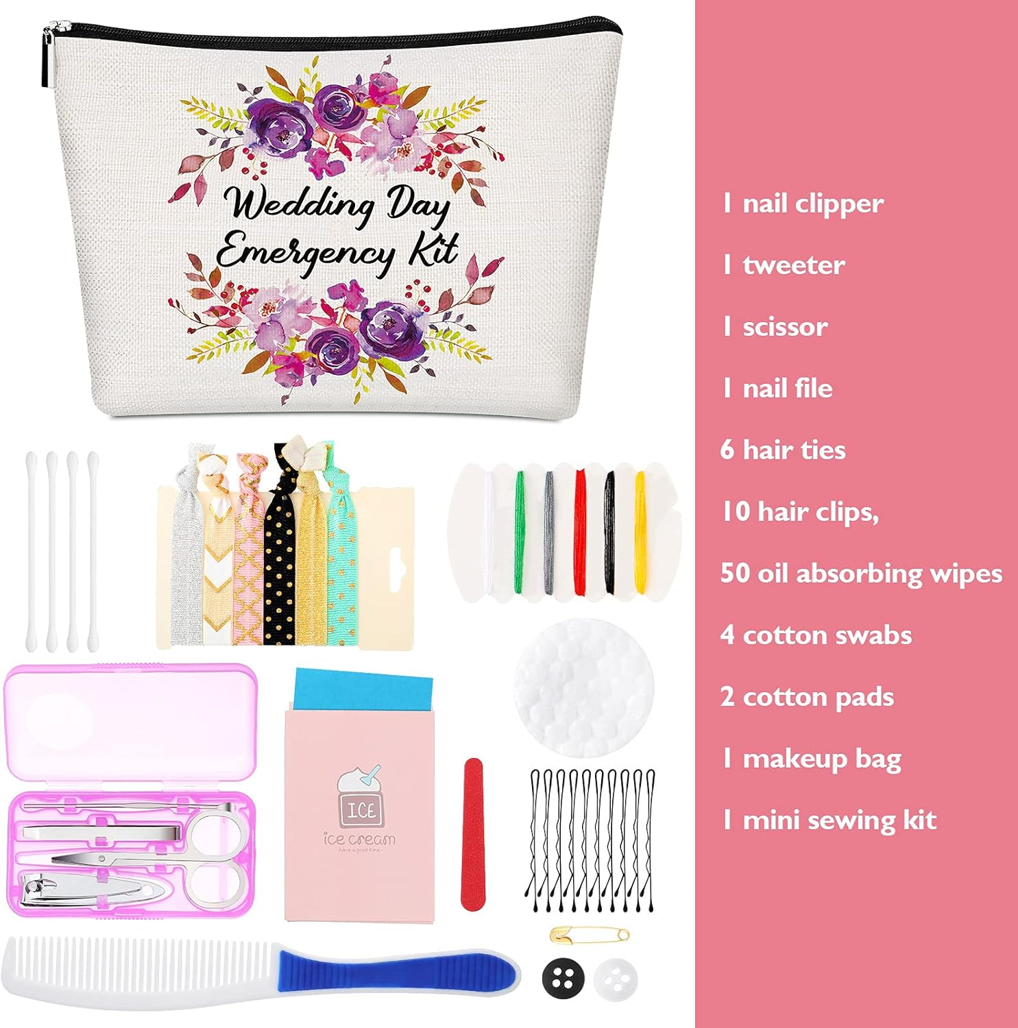 Floral Wedding Emergency Kit for Bride Wedding Survival Kit with Makeup Bag, Bride Kit Bridal Shower Gift Present Fun Engagement Present for Bride Emergency Supplies