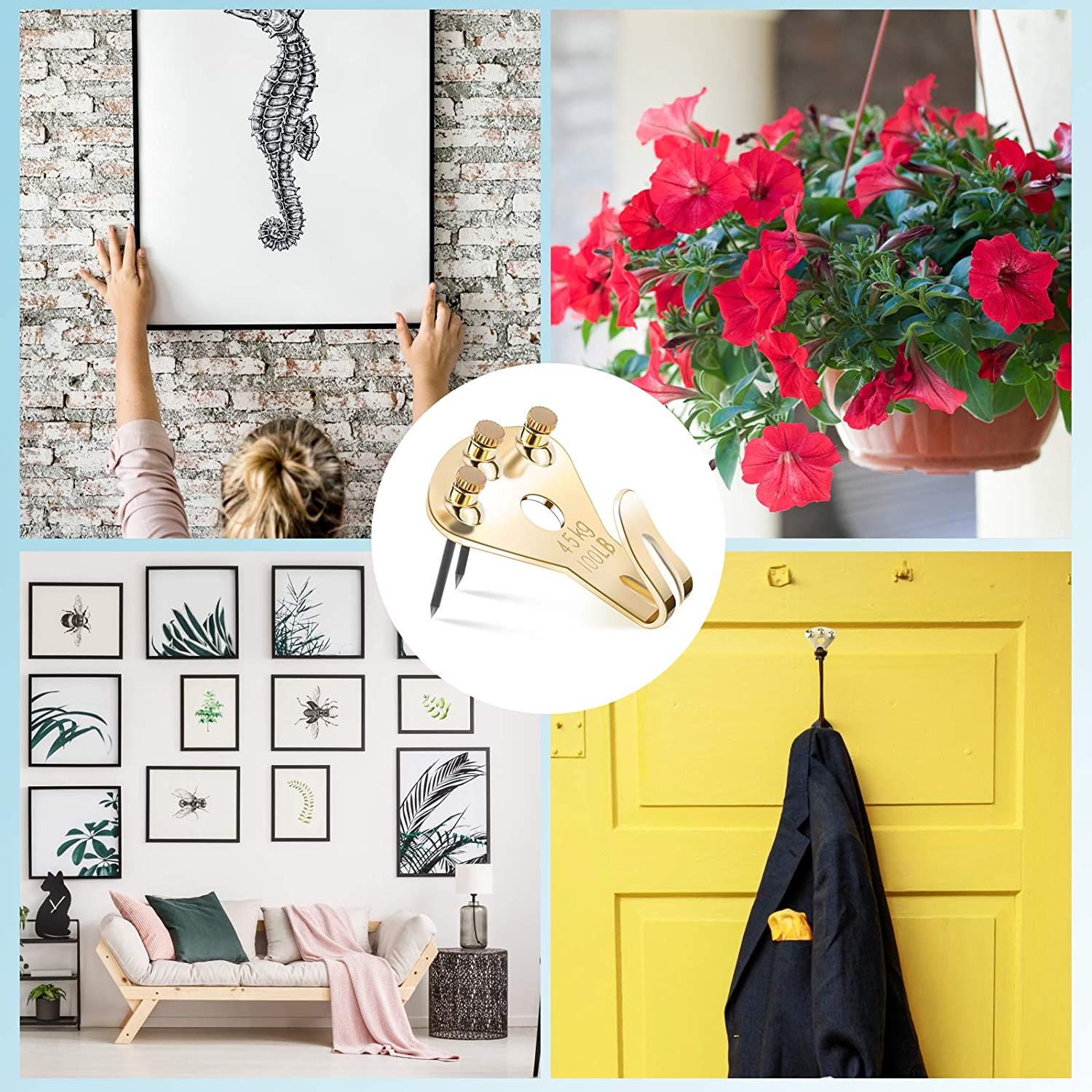 10Pcs Heavy Duty Picture Hangers with Nails, Kinxuanda Professional Picture Hanging Hooks Support up to 100Lbs, Premium Hanging Hardware for Clock, Mirror, House Decoration image number 5