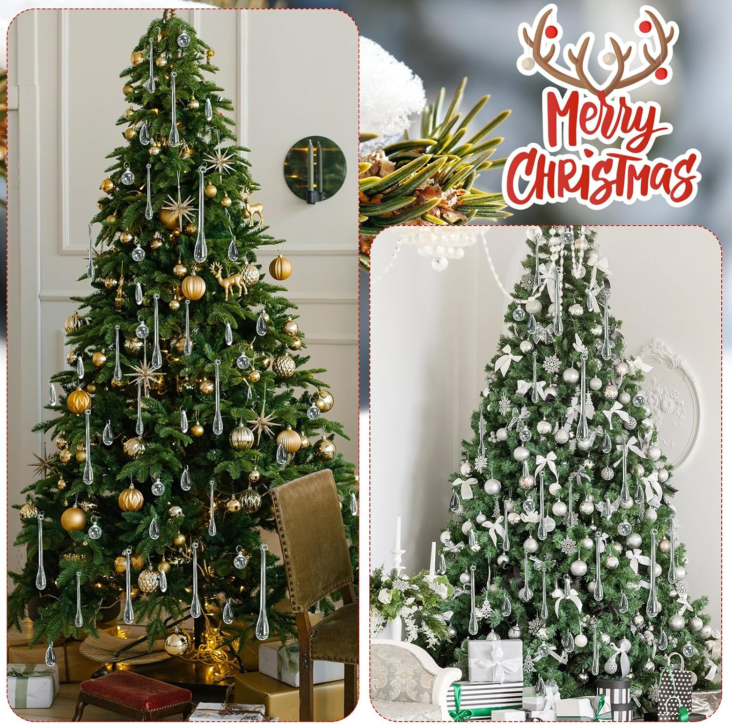 100 Pcs Christmas Tree Ornaments Clear Acrylic Hanging Teardrop Ornaments 5 Styles Christmas Crystal Chandelier Pendant Crystals for Centerpieces Chandelier Wedding Decor (Clear) image number 3