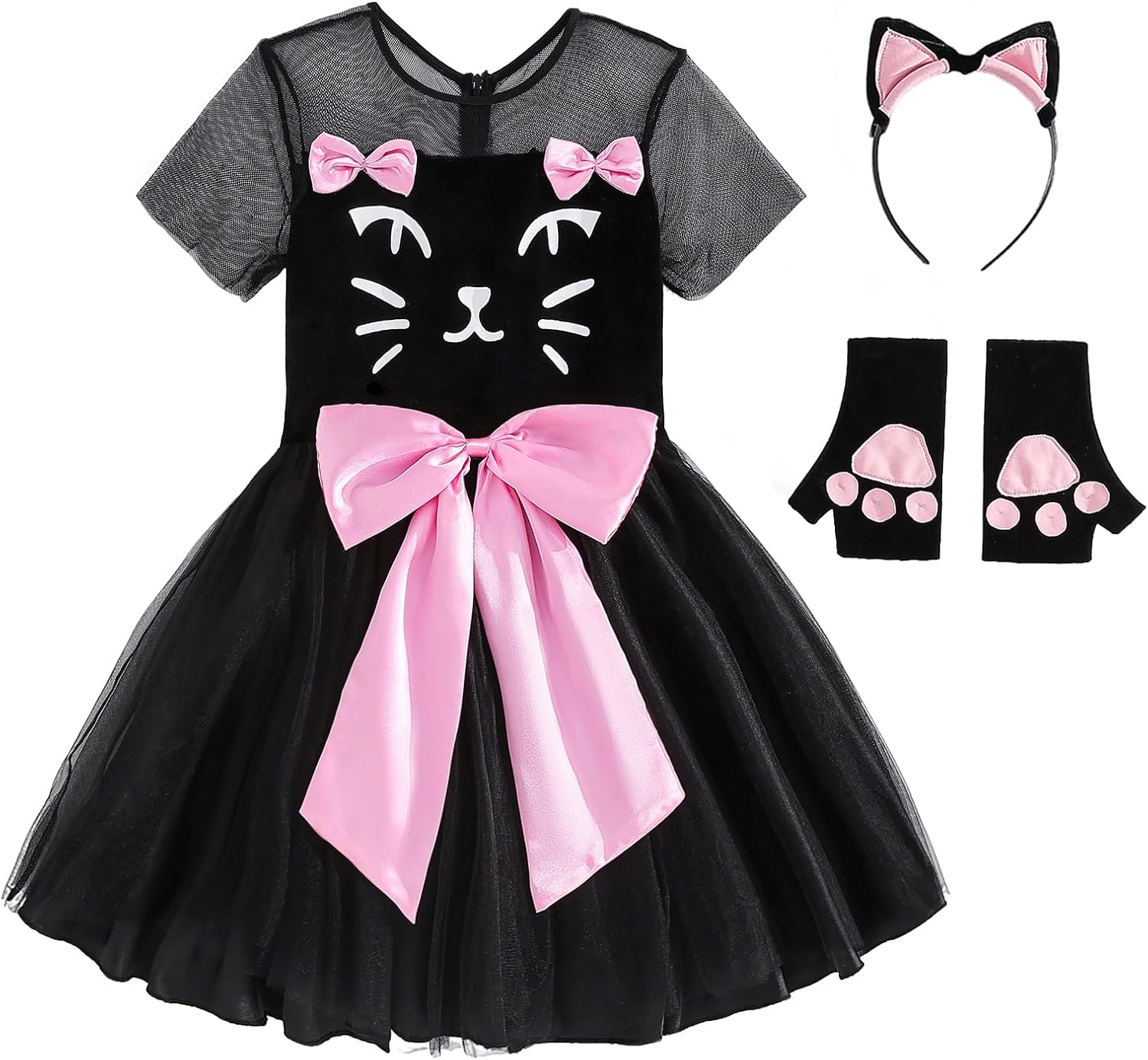 Halloween Costume for Girls Cat Dress Costumes with Cats Tail Headpiece and Gloves Kids Animal Cosplay image number 3