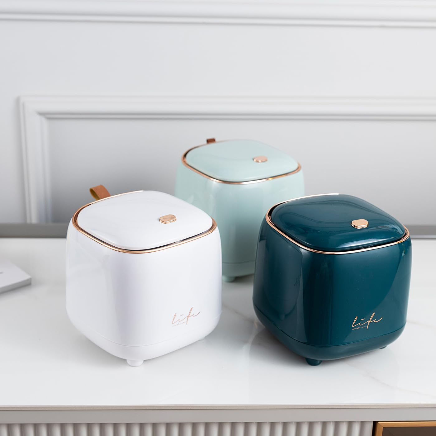 Recycle Bin Plastic Creative Mini Desktop Trash Can with Lid Small Home Office Cleaning Trash Can Button Desktop Storage Bucket Light Trash Can, with 50 Trash Bags image number 3