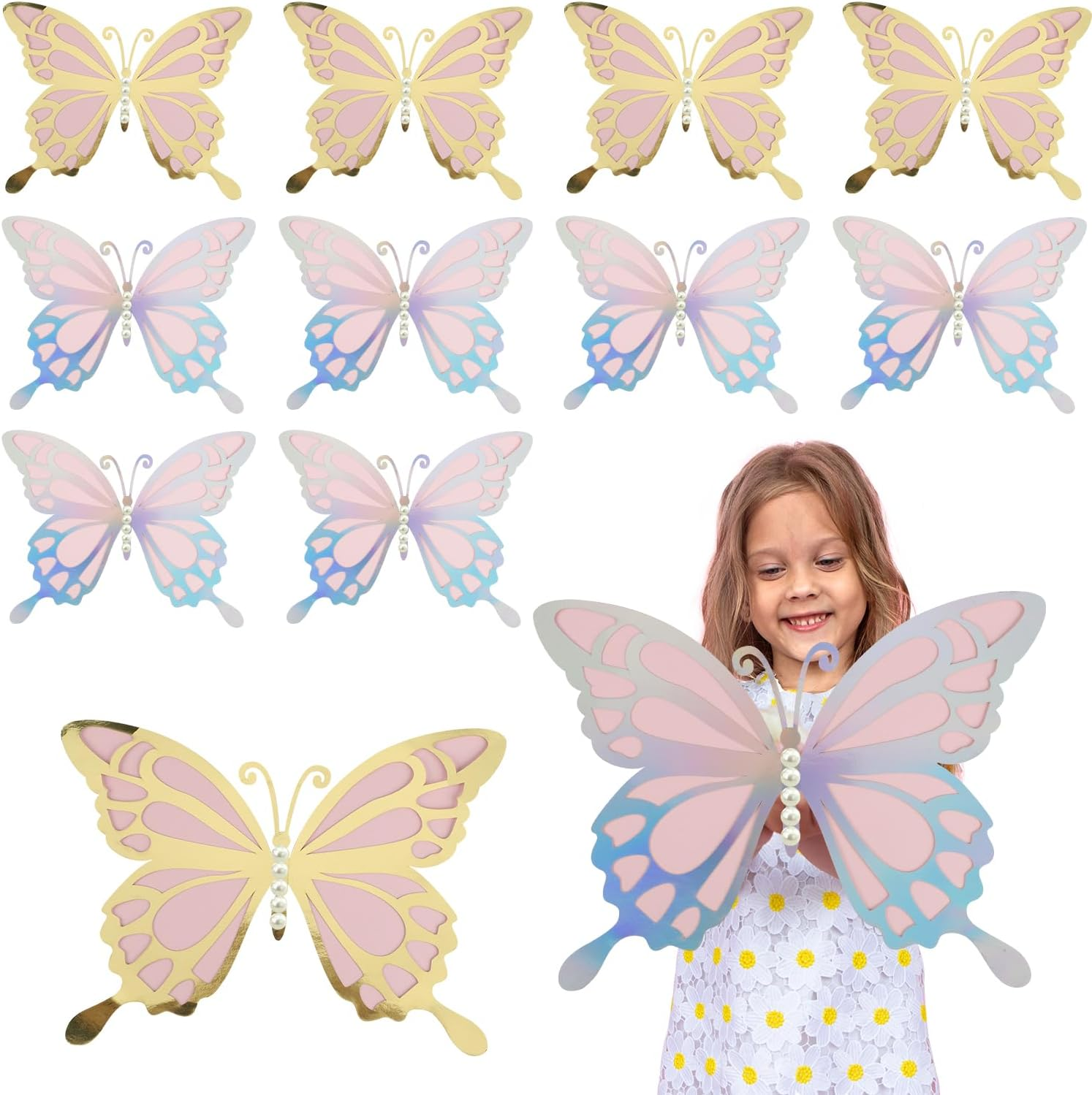 12Pcs Large 3D Butterfly Decorations, 3D Butterfly Wall Decoration with 50Pcs Pearl Stickers Giant Butterfly Wall Decor for Birthday Baby Shower Wedding image number 6