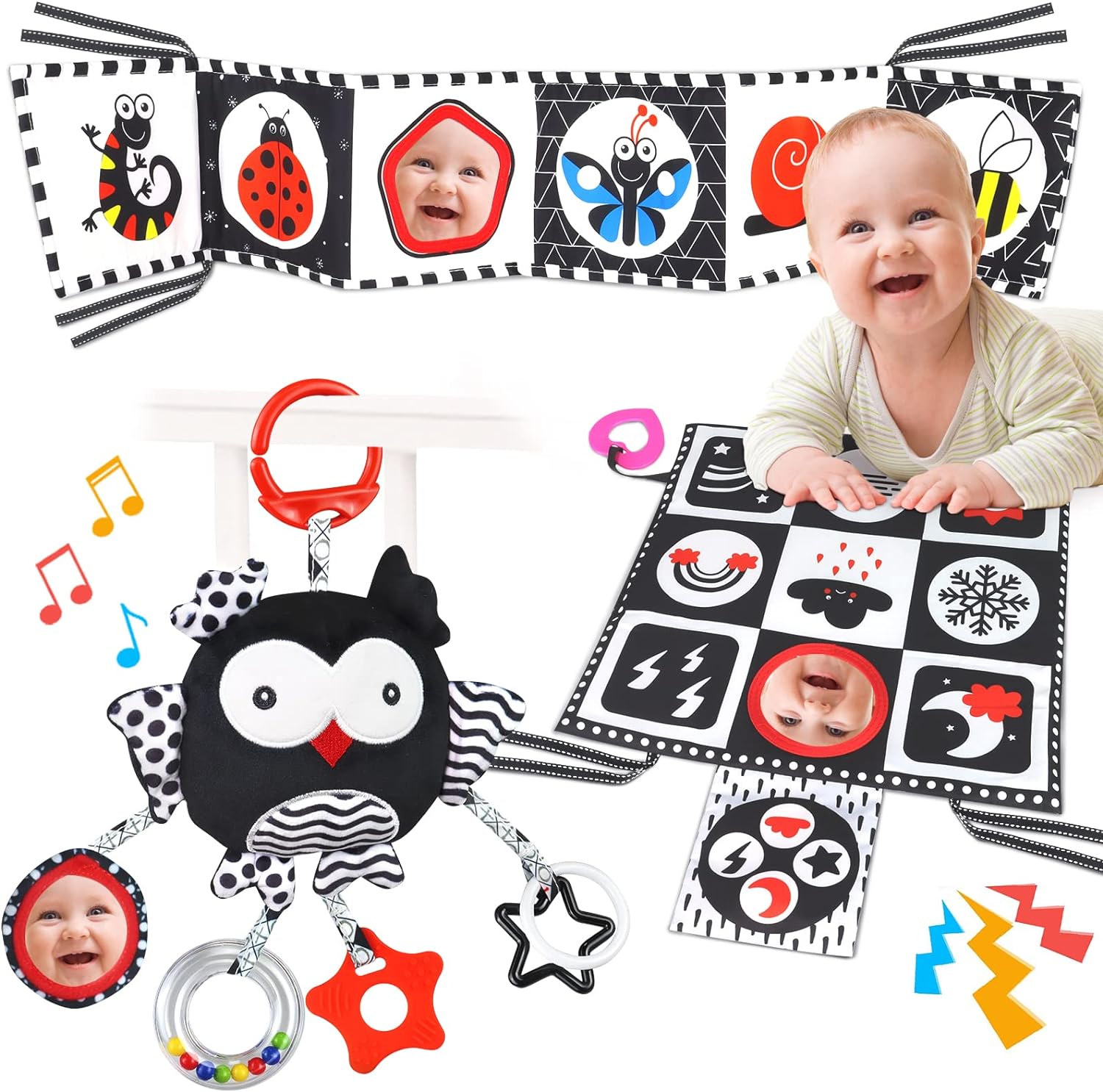 Black and White High Contrast Baby Toys 0-6 Months with Mirror, Crinkle and Rattles, Soft Baby Toys for Brain Development Montessori Sensory Tummy Time Toys Newborn Infant Toys for 0 3 6 9 Months Old image number 5
