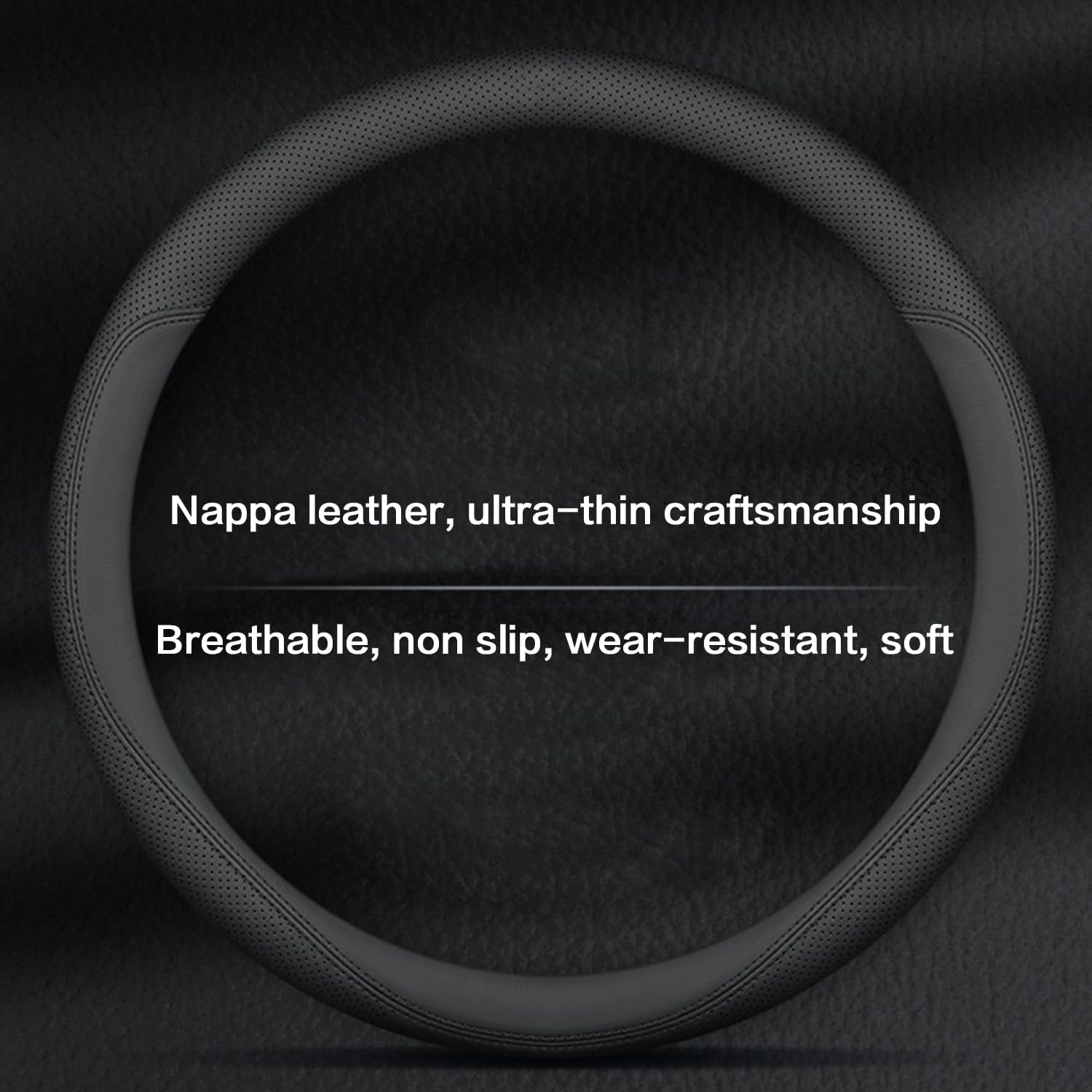 Car Steering Wheel Cover Compatible with Hyundai Elantra Tucson Sonata Santa Fe Elantra GT 14.5-15 Inches, Ultra-Thin Design Premium Nappa Leather (Black-A)