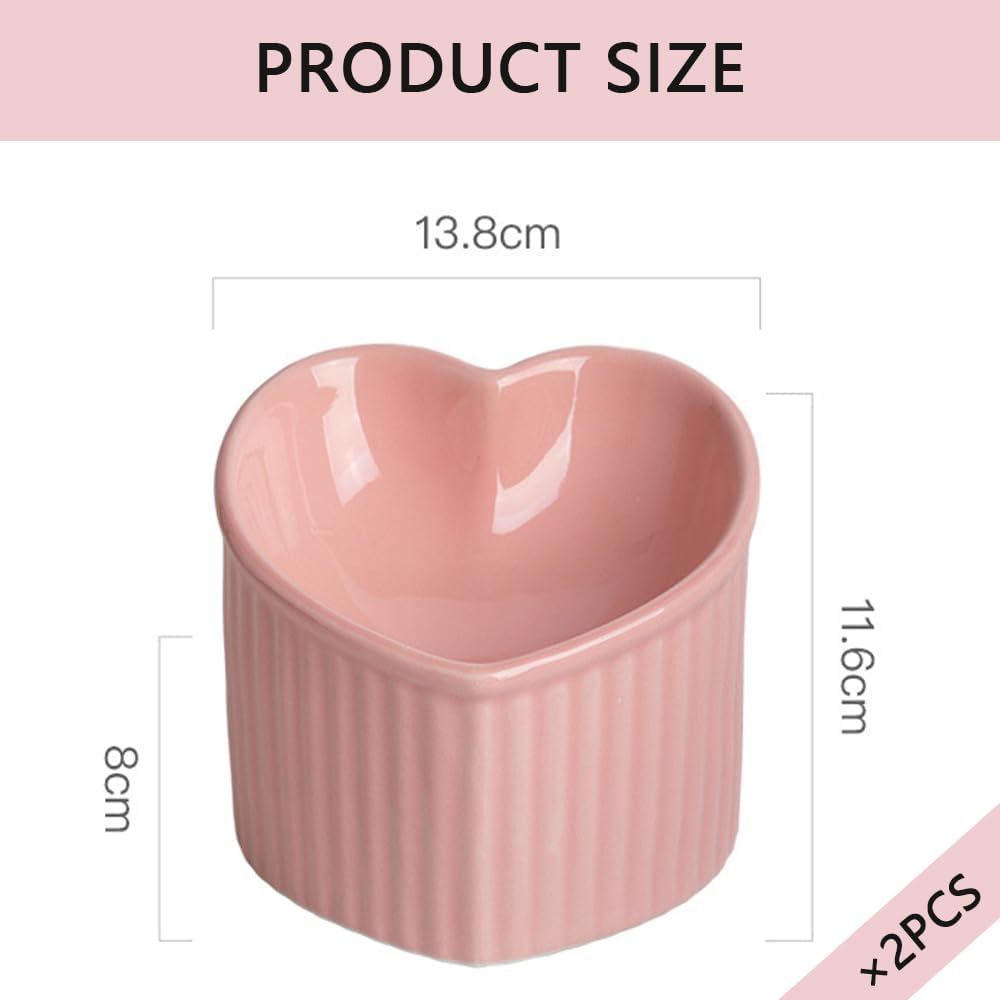 12 CM Raised Tilted Cat Bowls &ndash; 2 Pack Pink Heart-Shaped Ceramic Elevated Feeder Dishes for Small Cats & Kittens, Anti-Vomit Pet Food & Water Bowls, Spine Protection image number 2