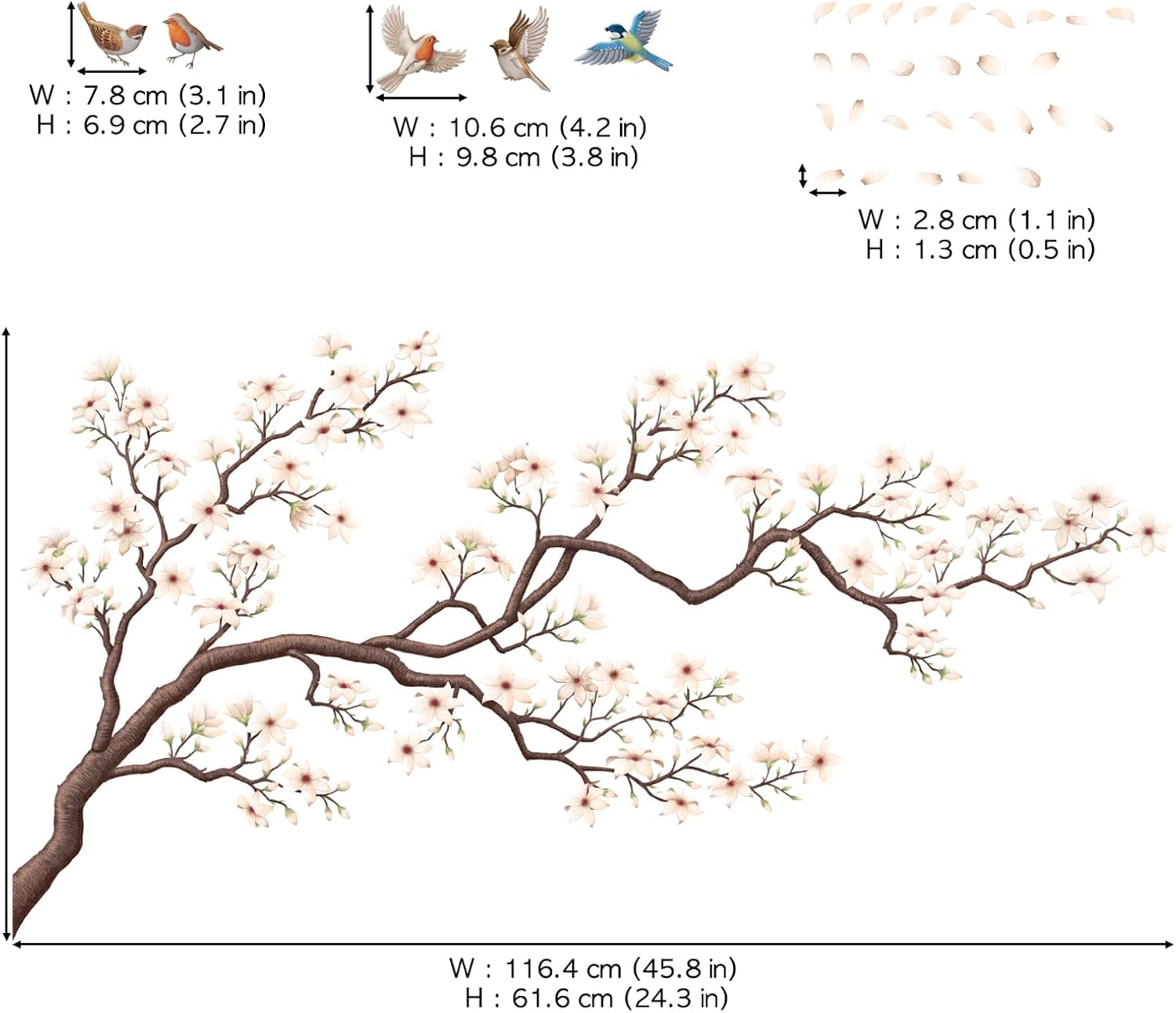DECOWALL SG2-2424 White Cherry Blossom Branch Wall Stickers Removable Decals Nursery Bedroom Living Room Art Home DIY Decor Floral Birds Murals Colorful Oriental Decoration image number 3