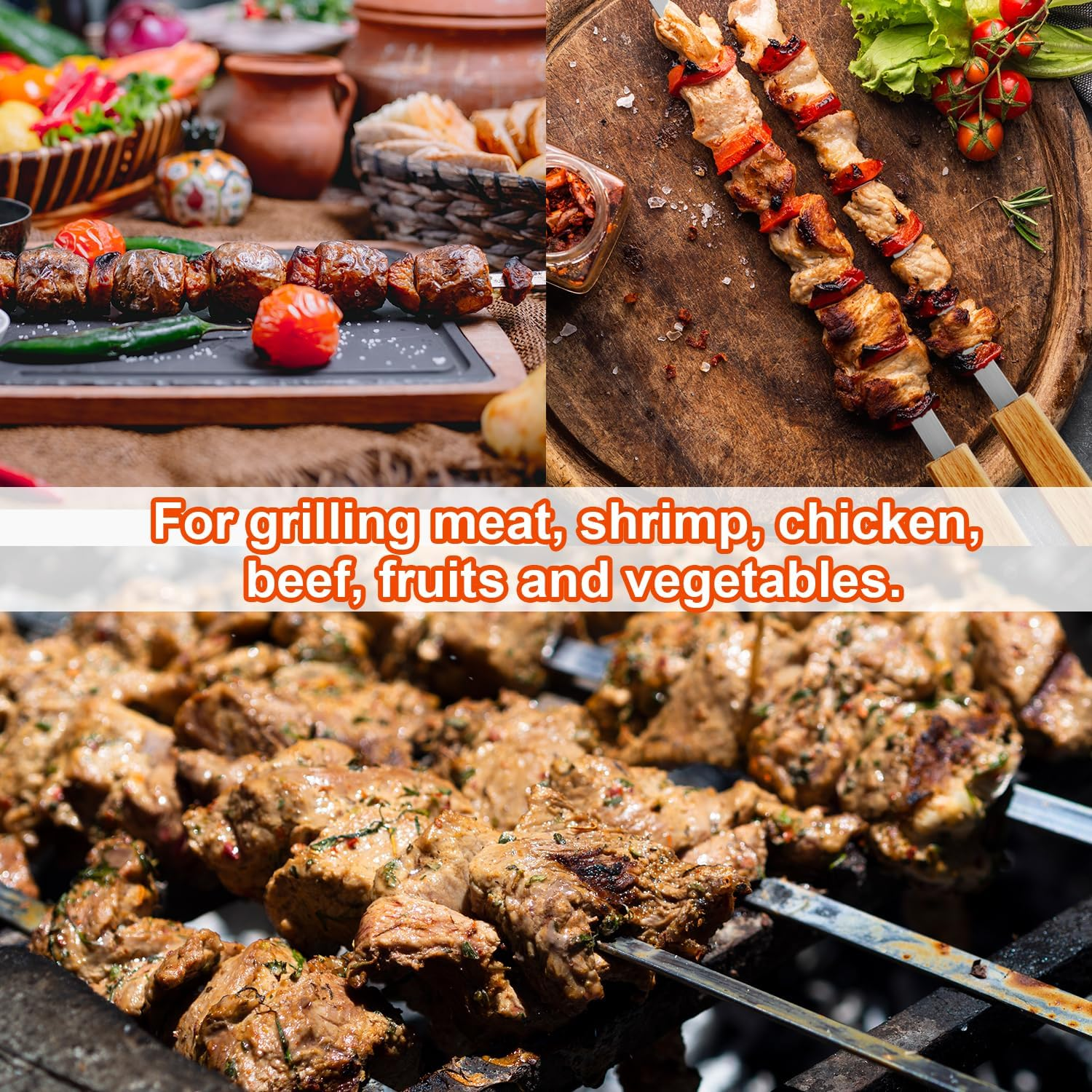 Professional Kabob Skewers, 23 Inch Heavy Duty Large Wide Reusable BBQ Barbecue Skewers, Stainless Steel Sticks with Nonslip Wooden (Flat-12 Pcs) image number 3