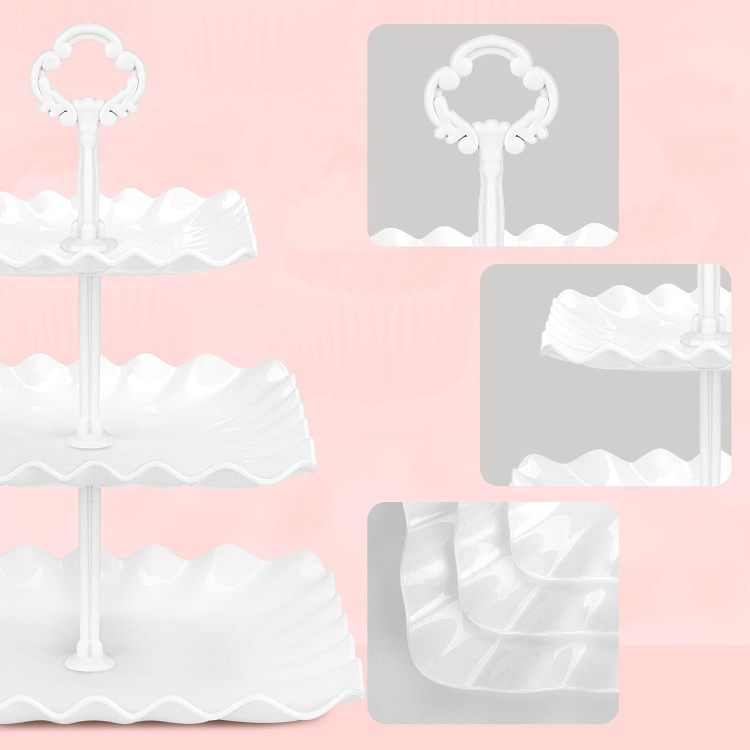 NWK 5 Piece Cake Stand Set with 2Xlarge 3-Tier Cupcake Stands + 3X Appetizer Trays Perfect for Wedding Birthday Baby Shower Tea Party (White) image number 6