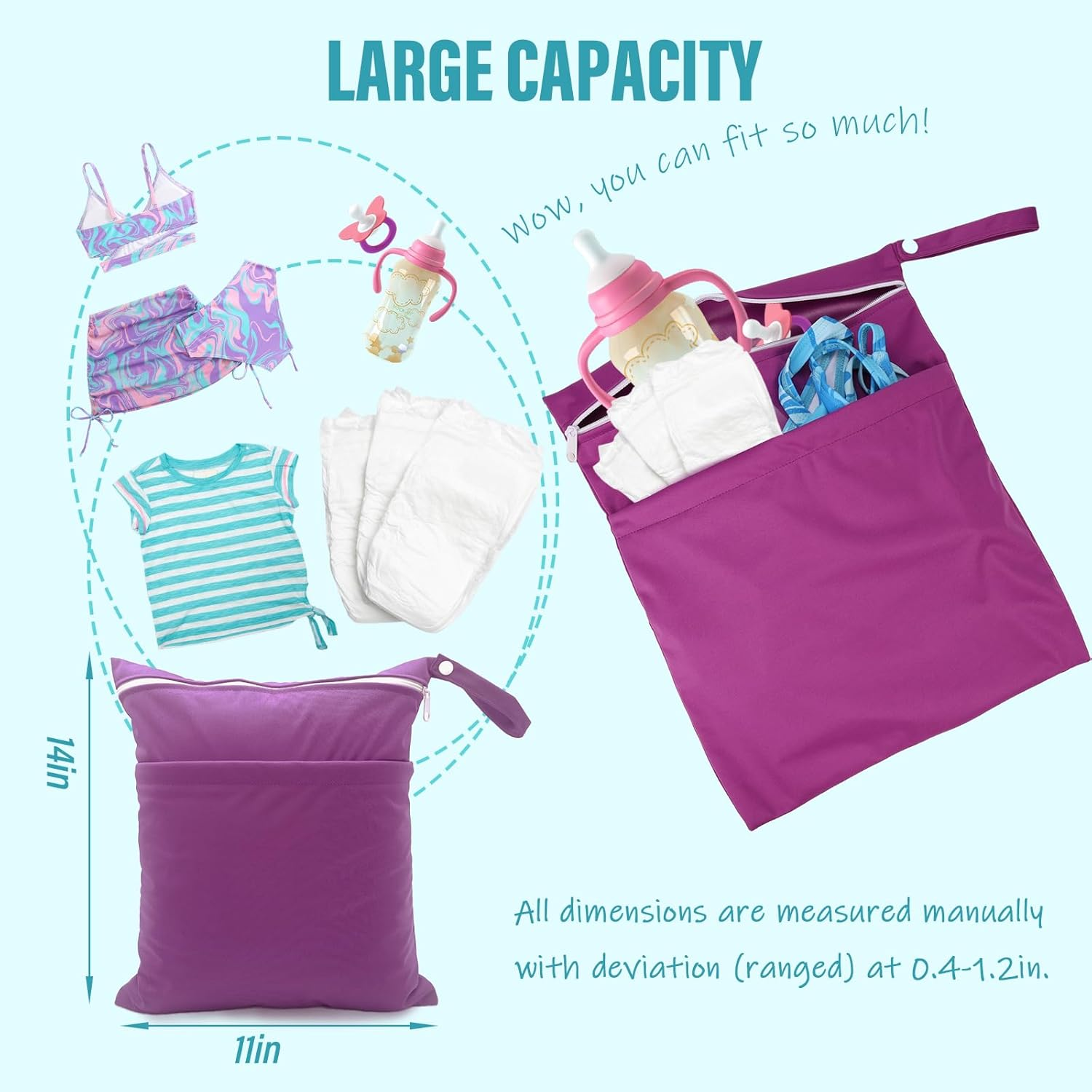 2 Pack Cloth Diaper Wet Bags - Double Zipper Pockets Waterproof Reusable Wet Dry Bag for Baby Diapers, Large Capacity with Wet Dry Separation (Green+Purple)