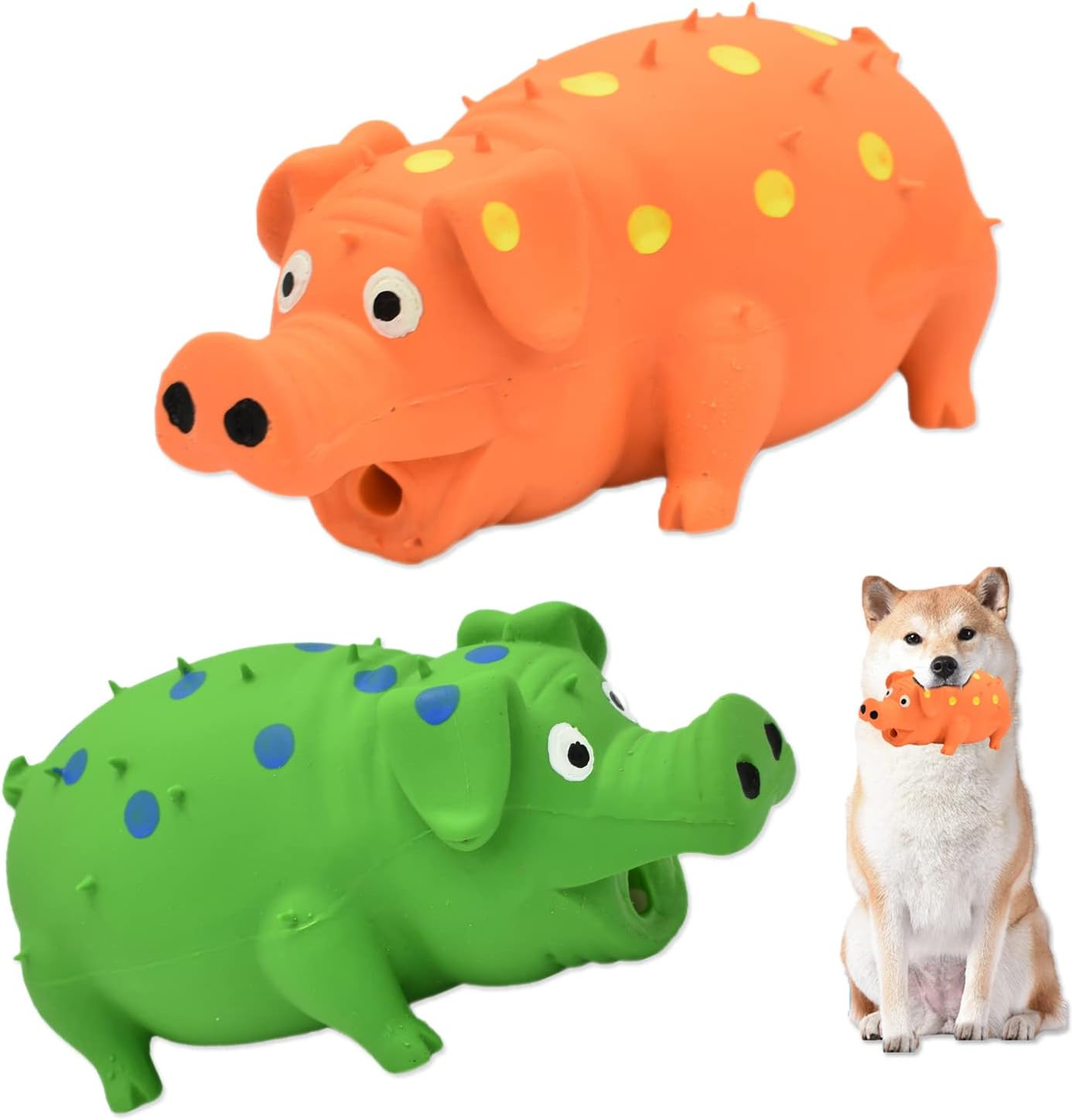 Pig Squeaky Dog Toy, 2 PCS Interactive Rubber Chew Toy - Durable Latex Spot Grunting Toys That Oink for Small Medium Large Dogs (Orange, Blue)