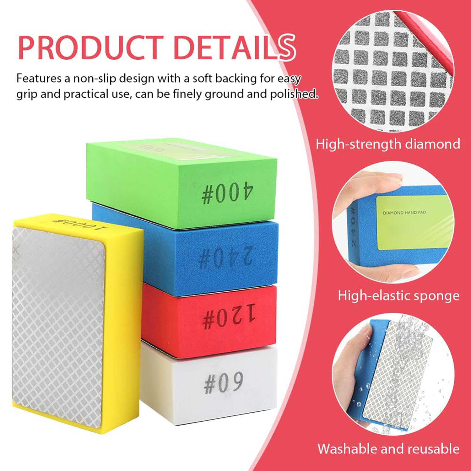 Diamond Hand Polishing Pads, 5 Pcs, 60#,120#,240#,400#,1000#, Wet & Dry Use, Compatible with Glass, Wood, Stone, Tile, Granite, Ceramics image number 4