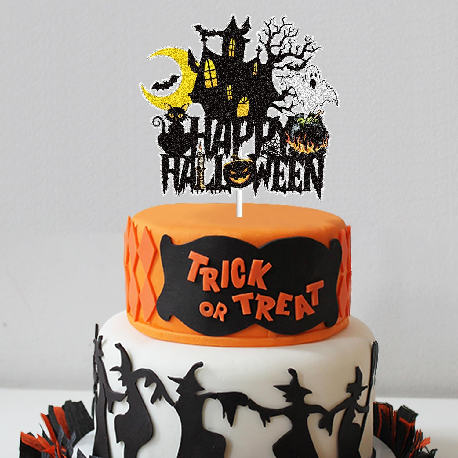 Happy Halloween Cake Topper Halloween Holiday Decorations Black Glitter Ghost House Pumpkin Moon Bat Themed Halloween Party Decoration Supplies