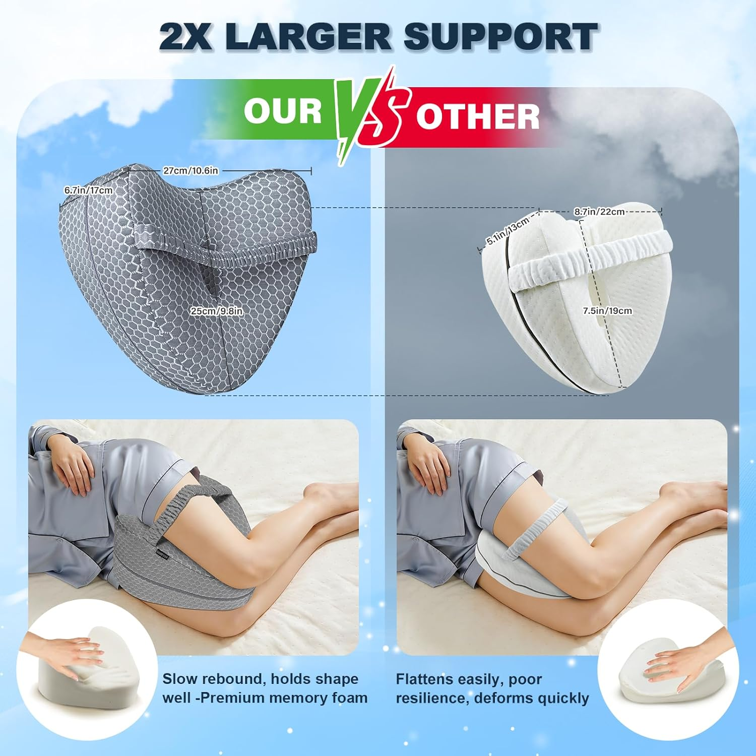 Knee Pillow, Soft Memory Foam Leg Pillows, Cool Ice Silk Hip Support Pillow for Side Sleeper, Body Pillow for Spine Alignment, Sciatica Relief, Post Injury Recovery - with Adjustable Strap (Grey) - Grey image number 5