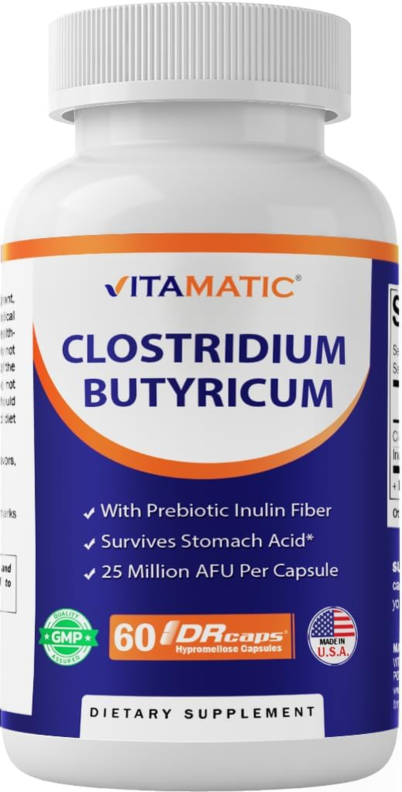Vitamatic Clostridium Butyricum 25 Million - Gut Health - 60 DR Capsules (Delayed Released) - Made with Prebiotic Inulin Fiber image number 4
