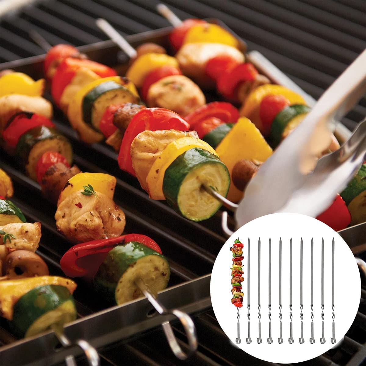 Barbecue Skewers, 10 PCS Flat Long Reusable Steel Metal Skewers for BBQ Grilling, Roasting (Length 30Cm/11.81In) image number 1