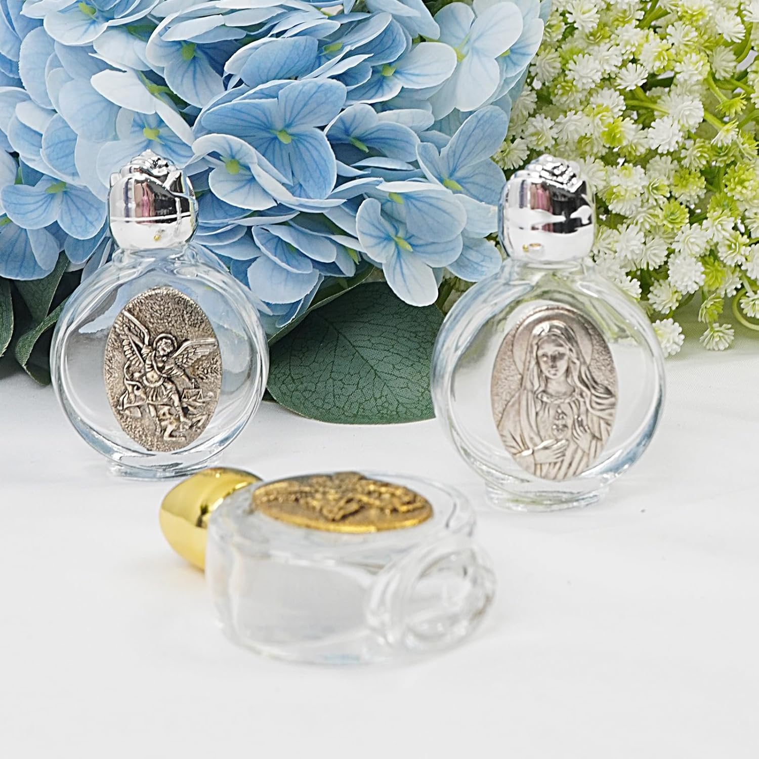 12 Pcs Embossed Holy Water Bottles 0.5 Floz Glass Water Bottle Portable Holy Water Container Church Blessing Decorations Bottles for Home Wedding Baptism Party Favors(Gold，Angel) image number 3