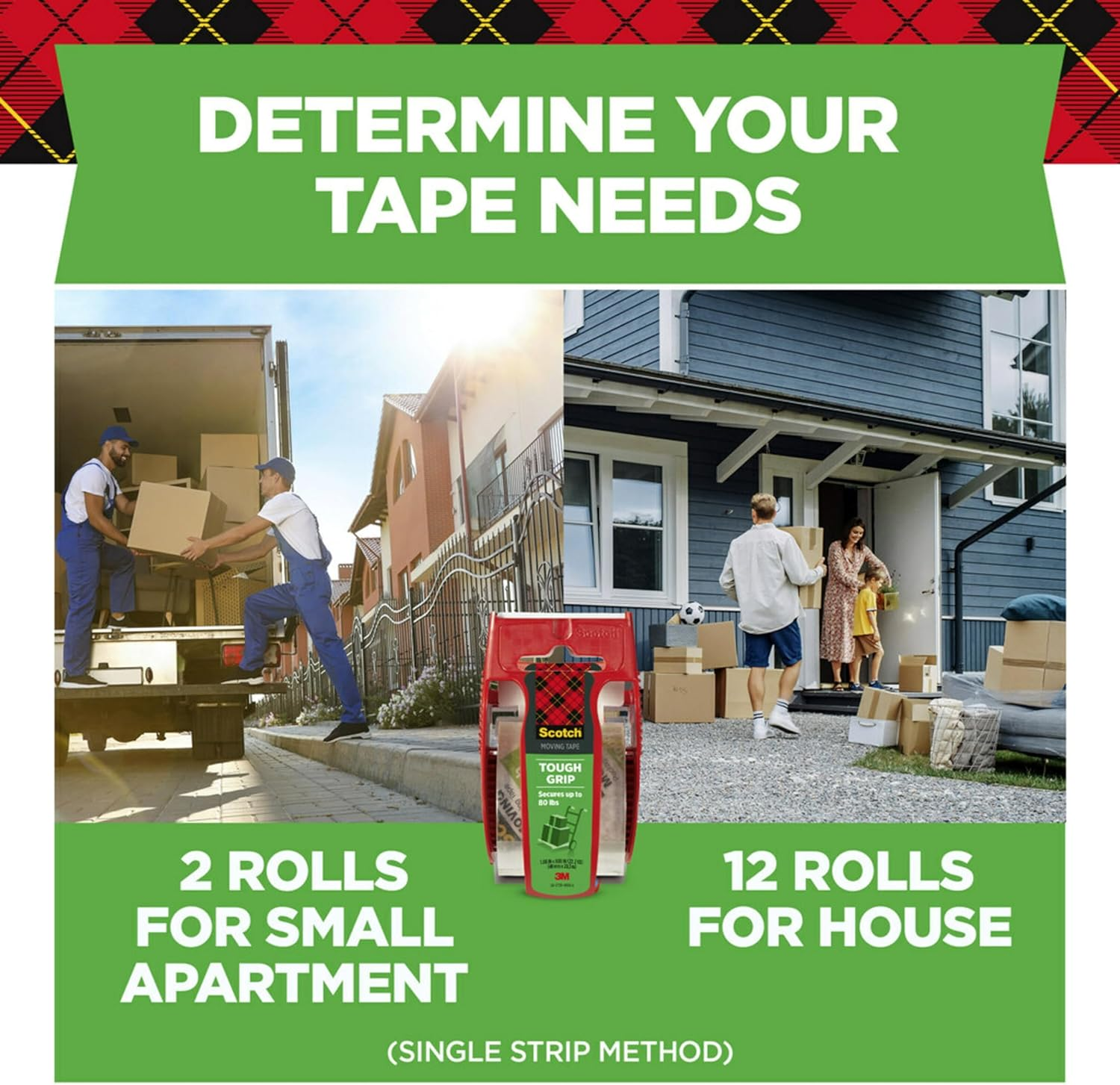 Scotch Tough Grip Moving Packing Tape, Clear, Moving Tape That Secures Boxes up to 80 Pounds, Moving Supplies, 4.78 Cm. X 20.3 M, 6 Tape Rolls with Dispensers image number 3