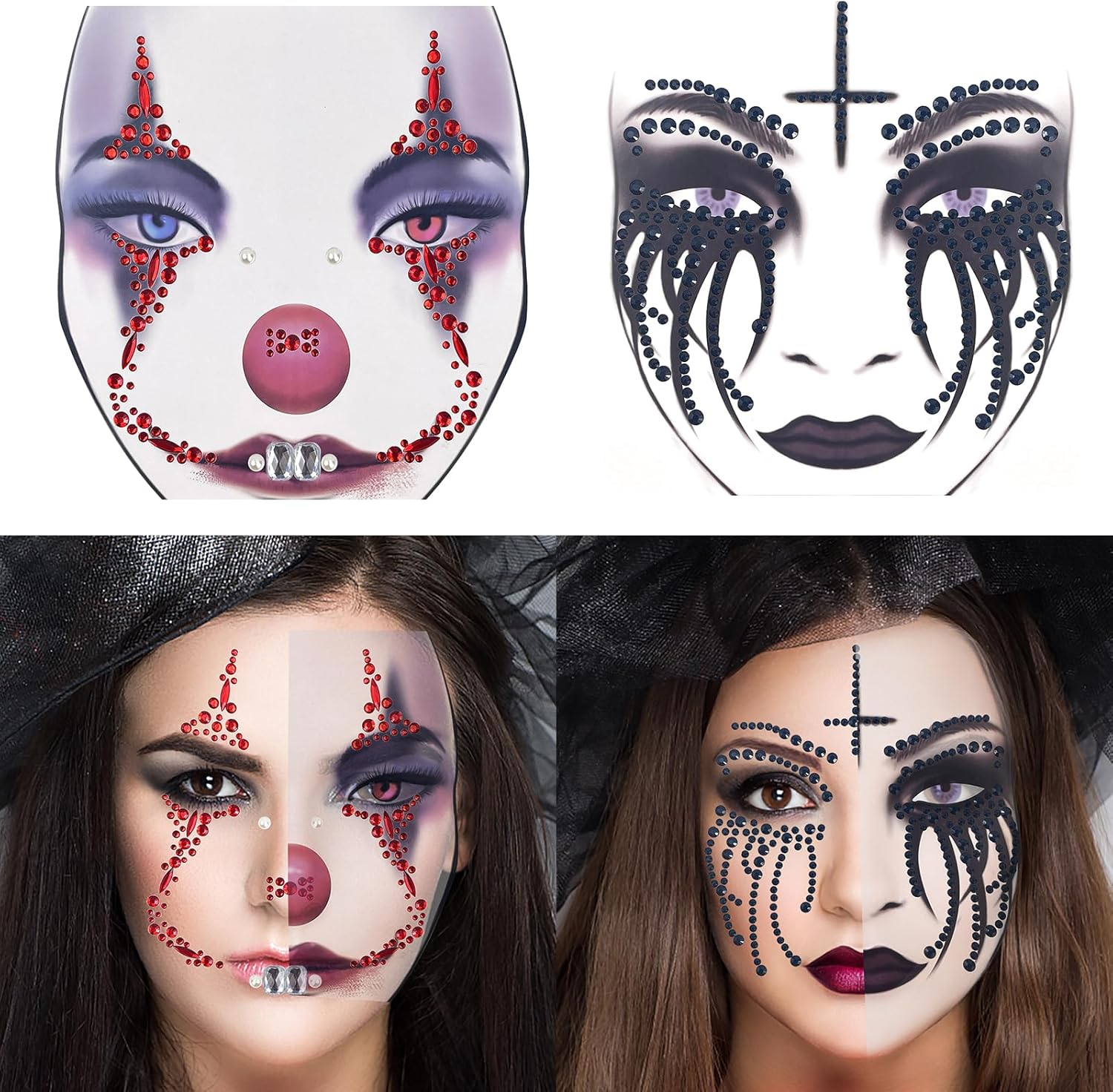 2 Pack Halloween Face Gems Jewels Clown Face Sticker Nun Makeup Tattoo Scary Temporary Rhinestone Face Tattoo for Halloween Festival Rave Party Make up Accessories image number 4