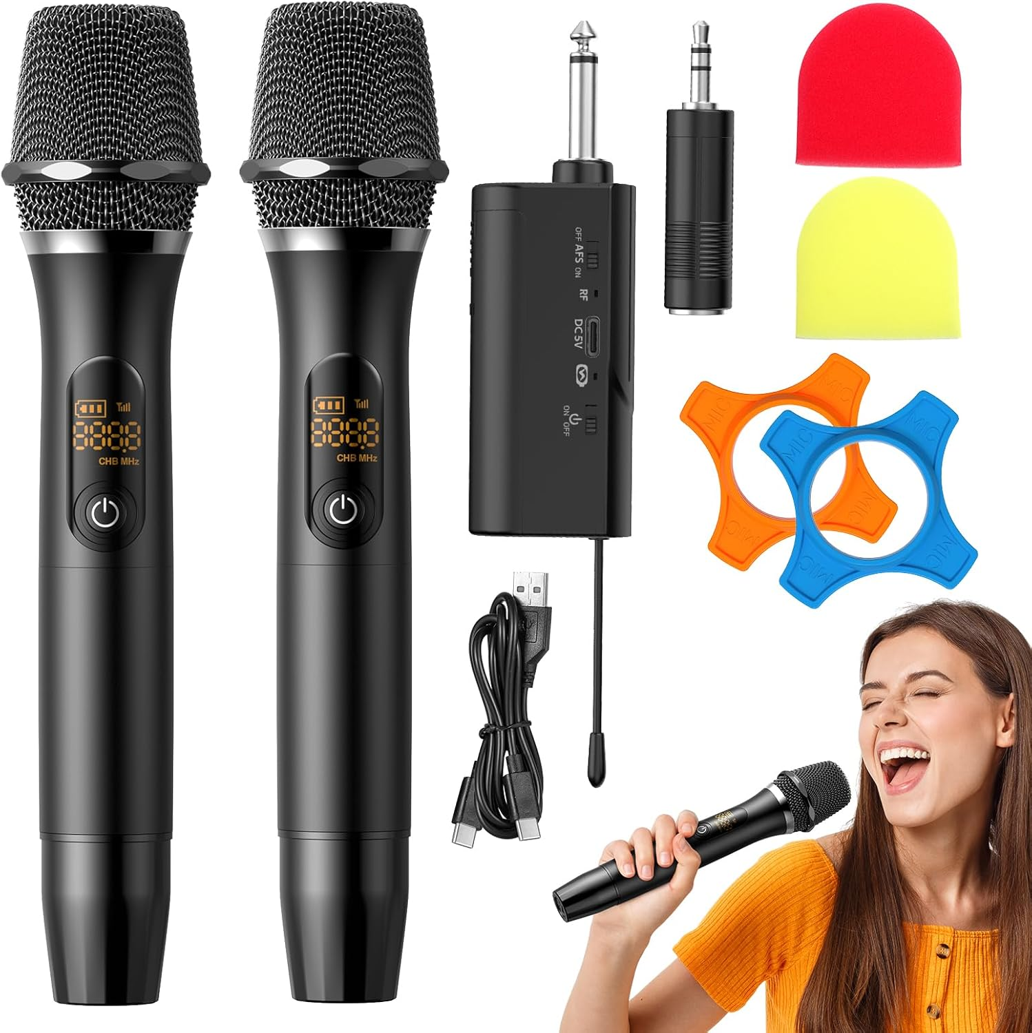 Rechargeable Wireless Microphones, Professional UHF Dual Microphones with Rechargeable Receiver, for Karaoke, Wedding, DJ, Party & Speech (Black) image number 6