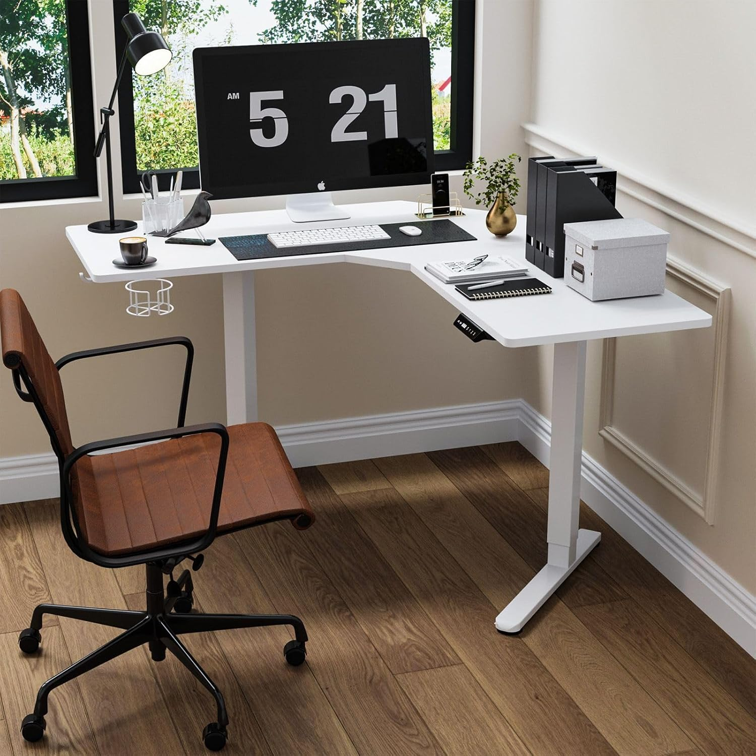 Luxsuite Electric Standing Desk L Shaped Sit Stand up Table Desktop Desk Motorised Height Adjustable Rising Computer Office Sturdy Workstation USB & Type C & Headphone Hook, Cup Holder 120X120Cm White