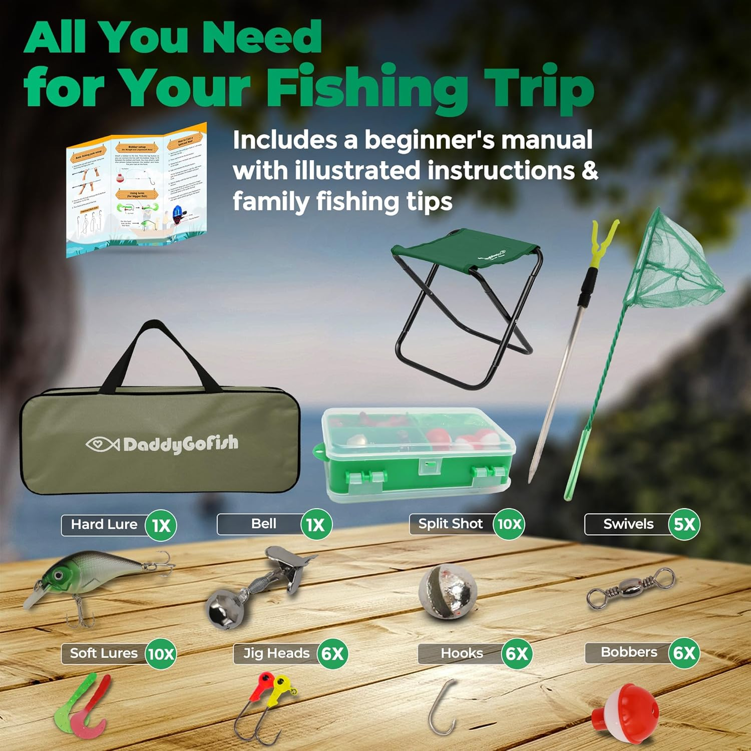 Daddygofish Kids Fishing Pole - Rod Reel Combo Tackle Box Starter Set - First Year Small Dock Gear Kit for Boys Girls Toddler Youth Age Beginner Little Children Junior Anglers - Green image number 5